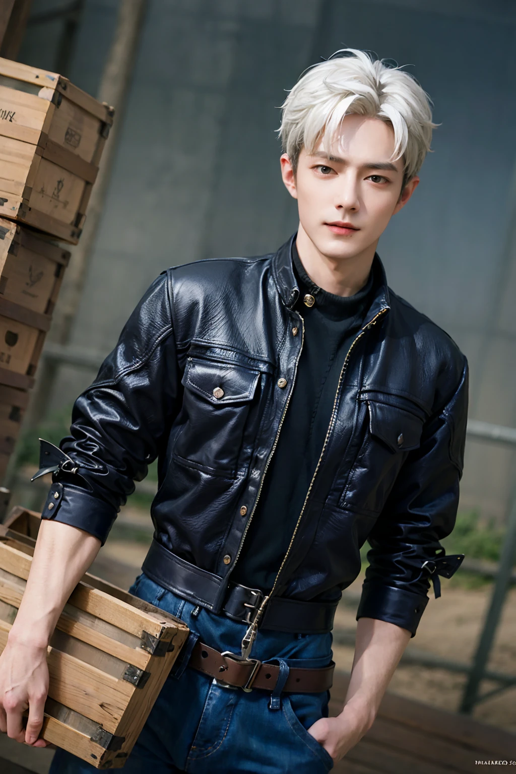 1boy, male focus, handsome, broad shoulders, white hair, finely detailed eyes, looking at viewer, solo, detailed background, (steampunk industrial), smirk, renegade, rugged dark leather clothes, small leather pouch, high fantasy medieval setting, smuggler hideout background, stealth, undercover, (crates in background), shadows, fog, (dutch angle),