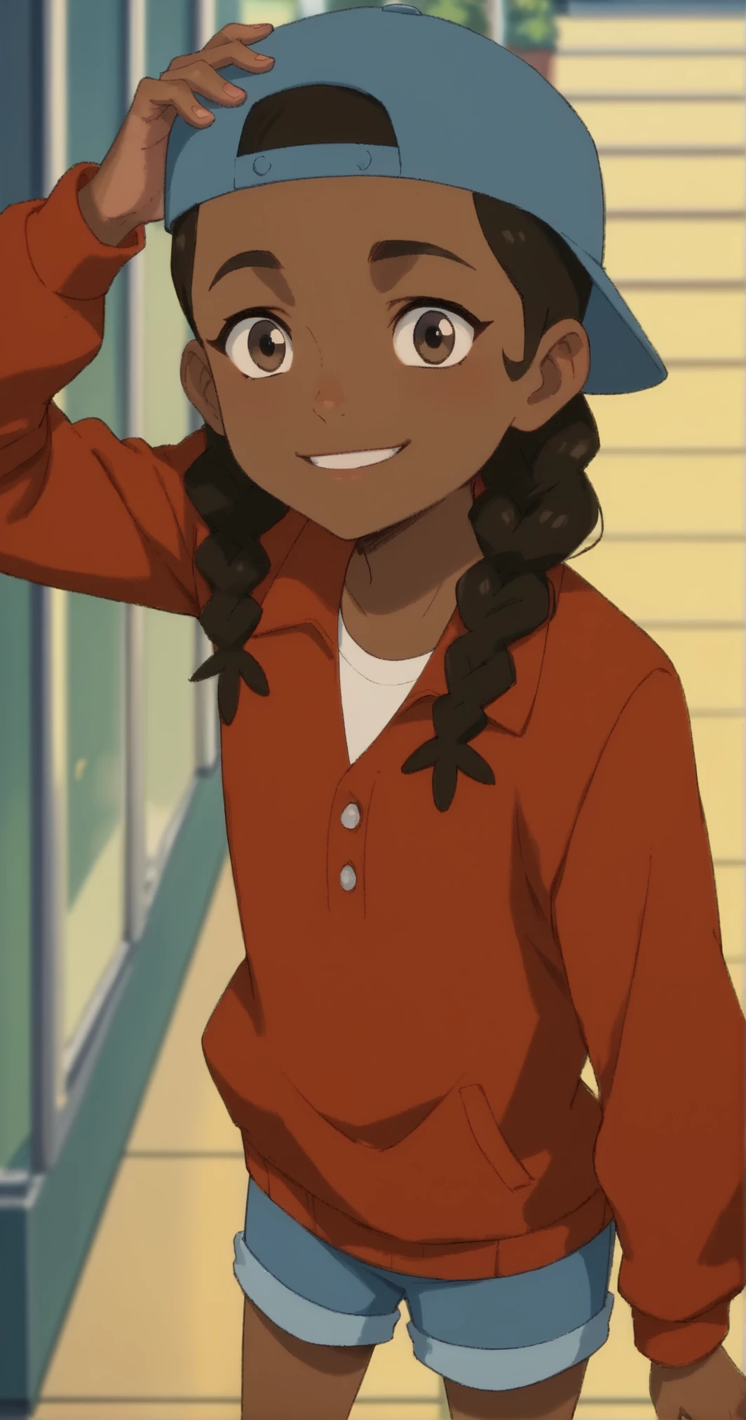 masterpiece, high quality, score_9,  score_8_up, score_7_up  Flip Johnson, Dark-skinned female, twin braids, black hair, backwards hat, baseball hat, brown eyes, shorts, red jacket, white shirt, ((cute)), 1girl, smile, looking at viewer<lora:Flip_Johnson_of_My_Adventures_with_Superman:0.9>