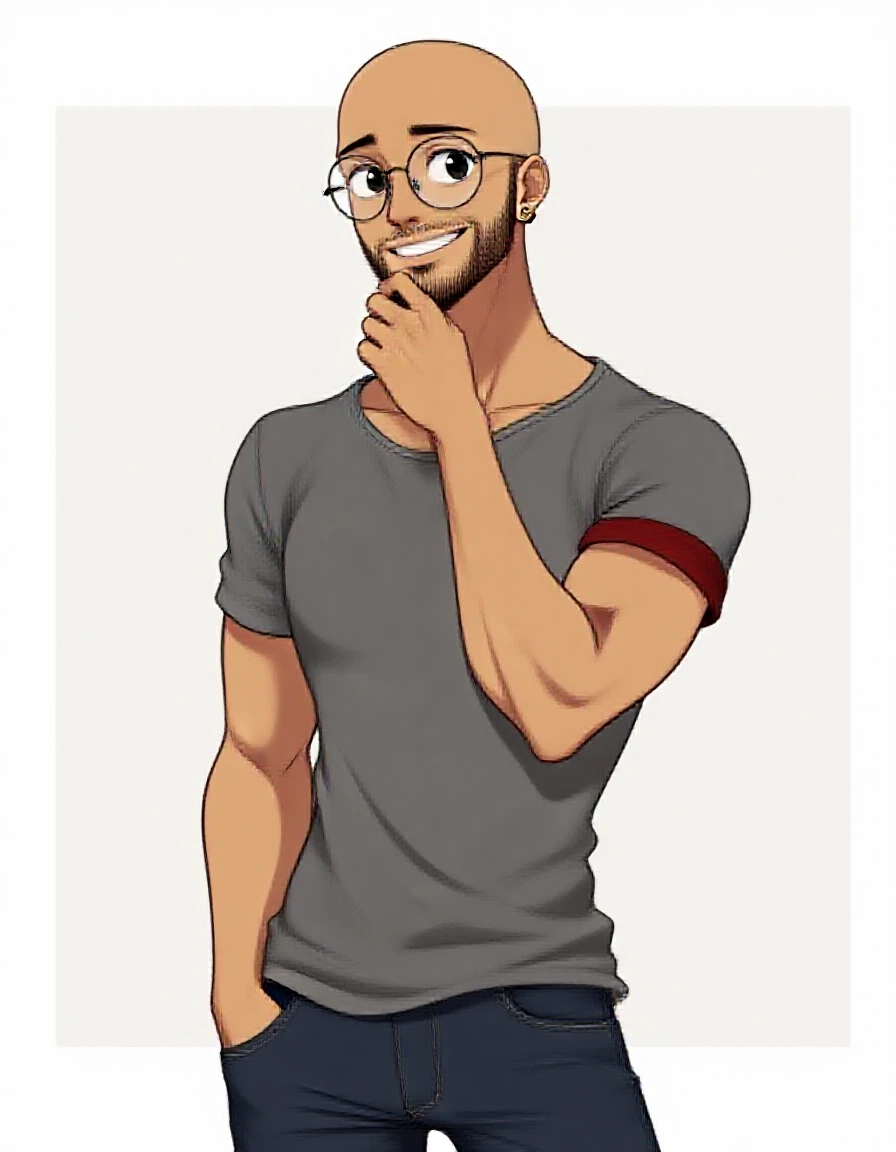 posing, smile, <lora:Gandhi_Clone_High:1>, 1boy, tanned skin, bald, beard stubble, black eyes, grey t-shirt with red stripe, jeans, round glasses, single earring, skinny