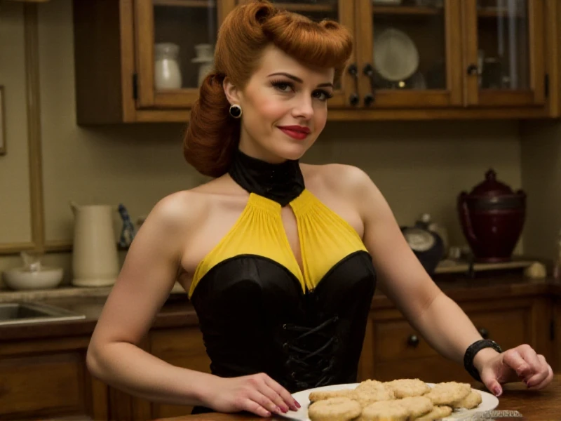 SilkSpectre1 baking cookies. She wears a yellow and black turtleneck corset in a vintage kitchen <lora:SilkSpectre1:0.9>