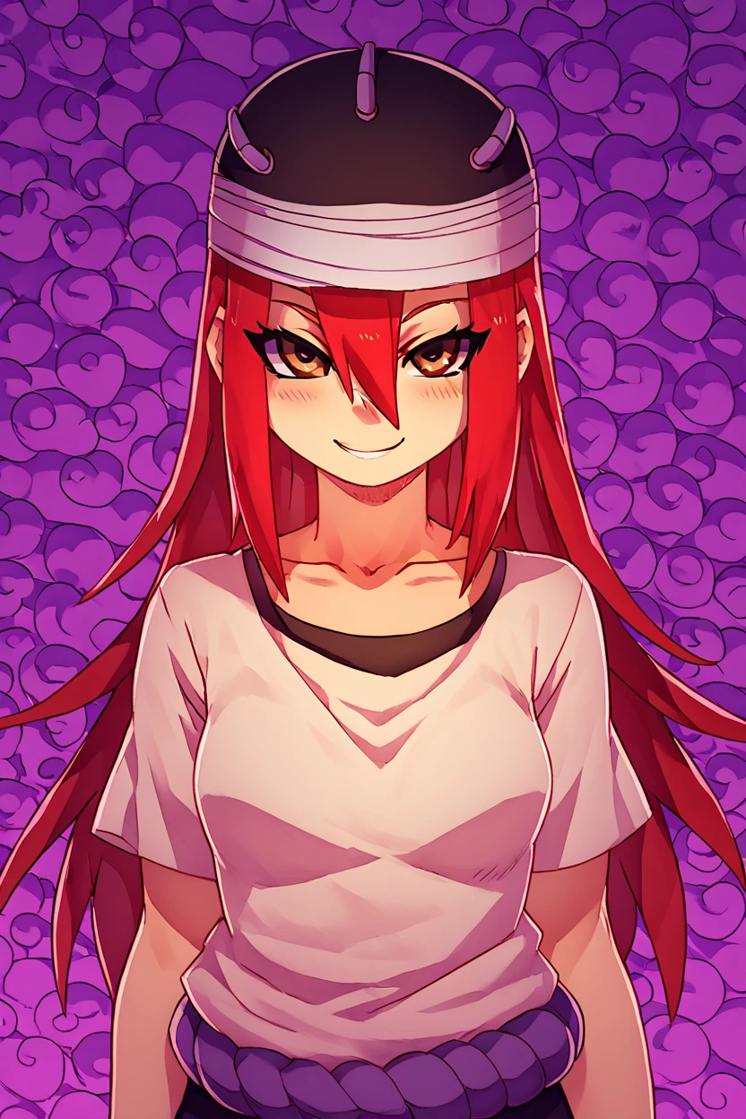 score_9, score_8_up, score_8, medium breasts, (curvy), cute, eyelashes,       BREAK, ,  ,,, <lora:TayuyaNaruto_PDXL_v3:1>, zzTayuya, brown eyes, long hair, red hair, hair between eyes, headwear,  purple rope, short sleeves, shirt, collarbone, ,,,  , BREAK, smile, looking at viewer, cowboy shot, ,,, embedding:zPDXL, Expressiveh, ,,, <lora:Zankuro_Style_PDXL:0.8> <lora:SDXLFaeTastic2400:0.5>, <lora:Expressive_H-000001:0.4>,