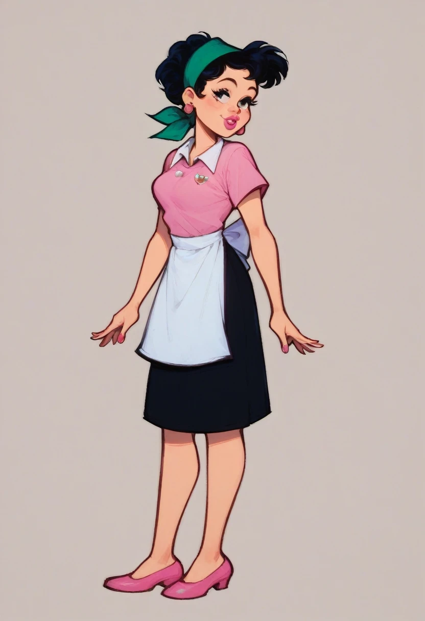 dona_lurdinha, 1girl, solo, shirt, black hair, jewelry, earrings, hairband, apron, pink footwear, black skirt, pink lips, lipstick, green hairband, pink shirt, pink earrings, standing, full body