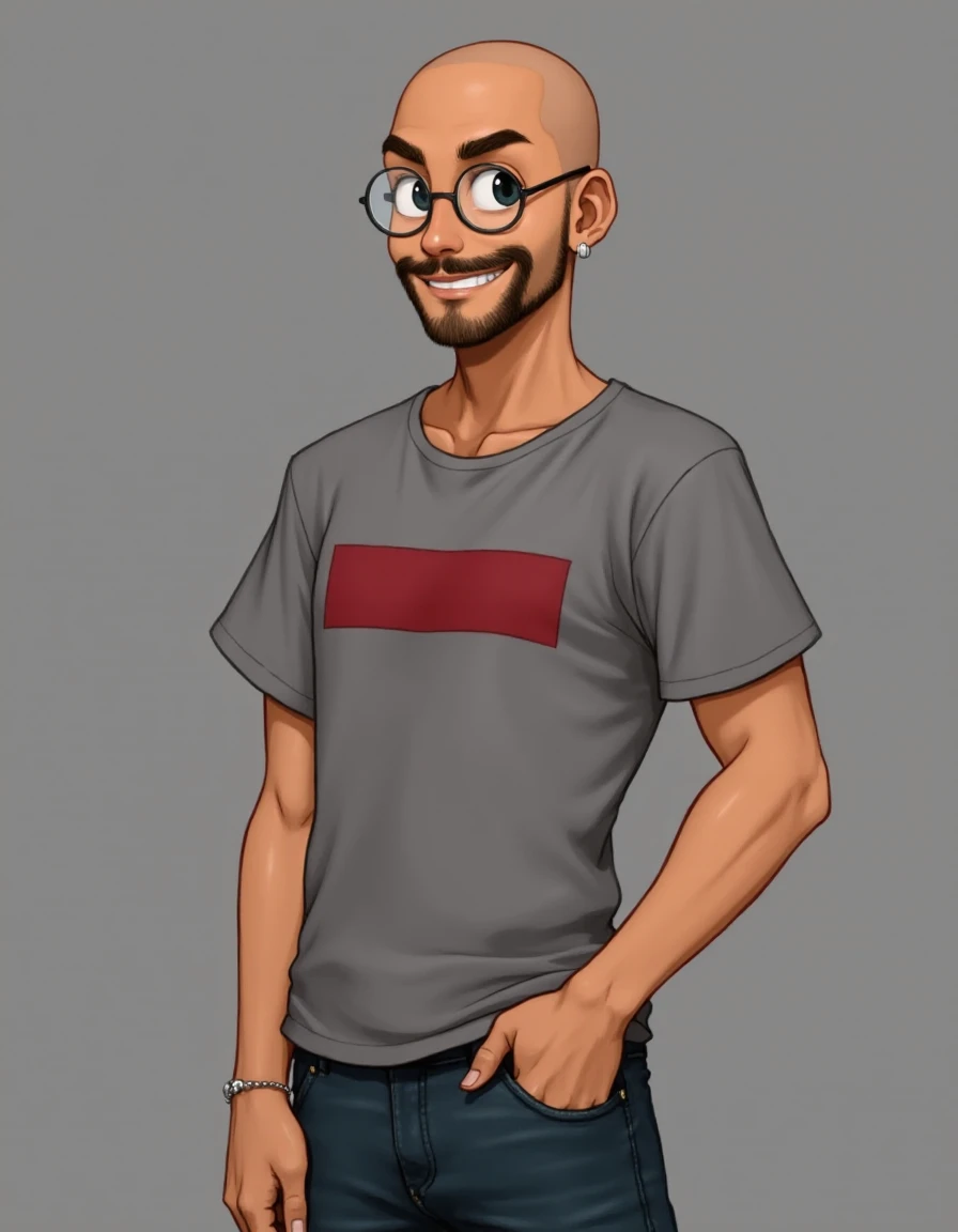 posing, smile, <lora:Gandhi_Clone_High:1>, 1boy, tanned skin, bald, beard stubble, black eyes, grey t-shirt with red stripe, jeans, round glasses, single earring, skinny