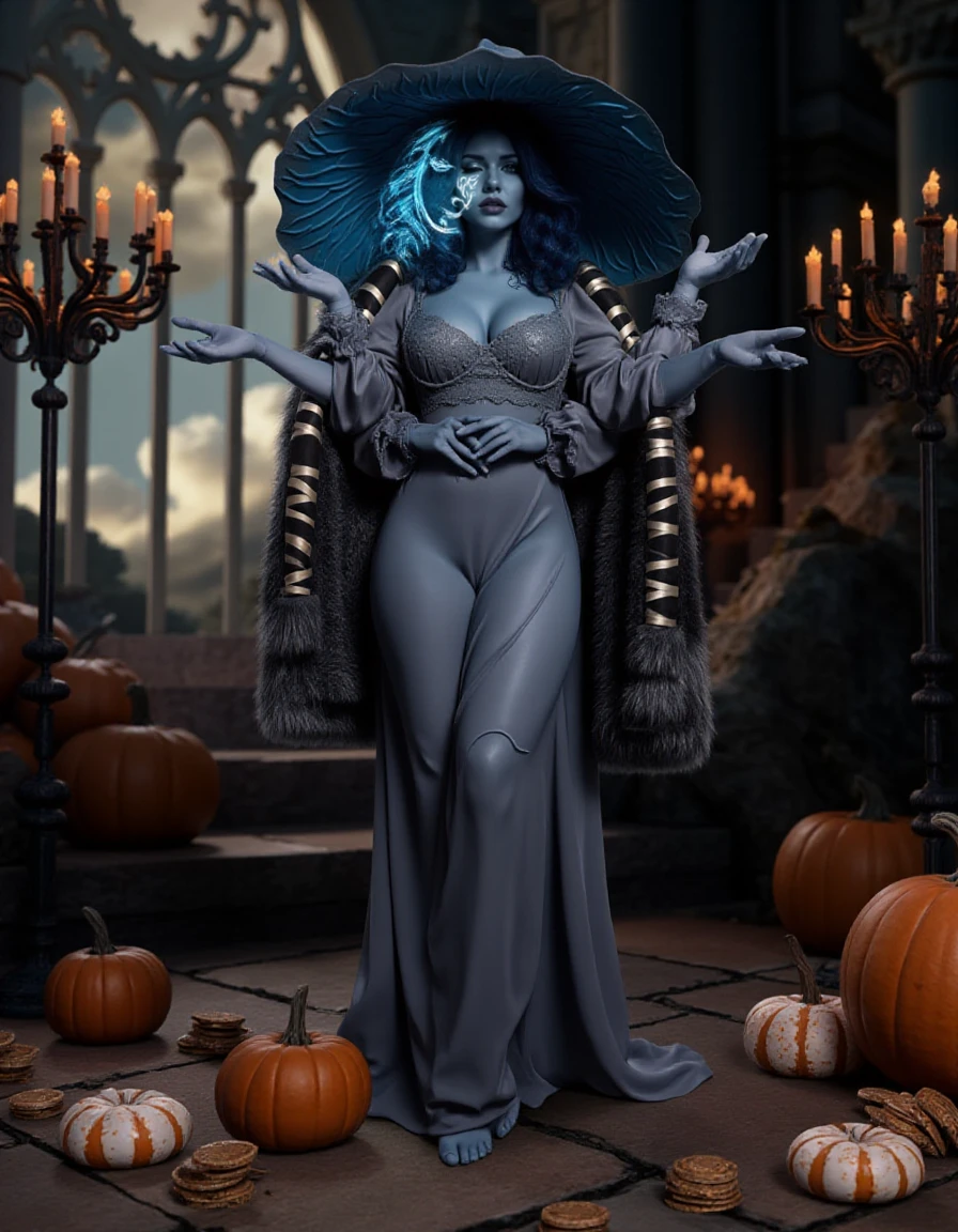 Ranni, a blue skin woman with extra arms and extra face and witch hat in an halloween scenery with candies and pumpkins  <lora:Ranni:0.9>