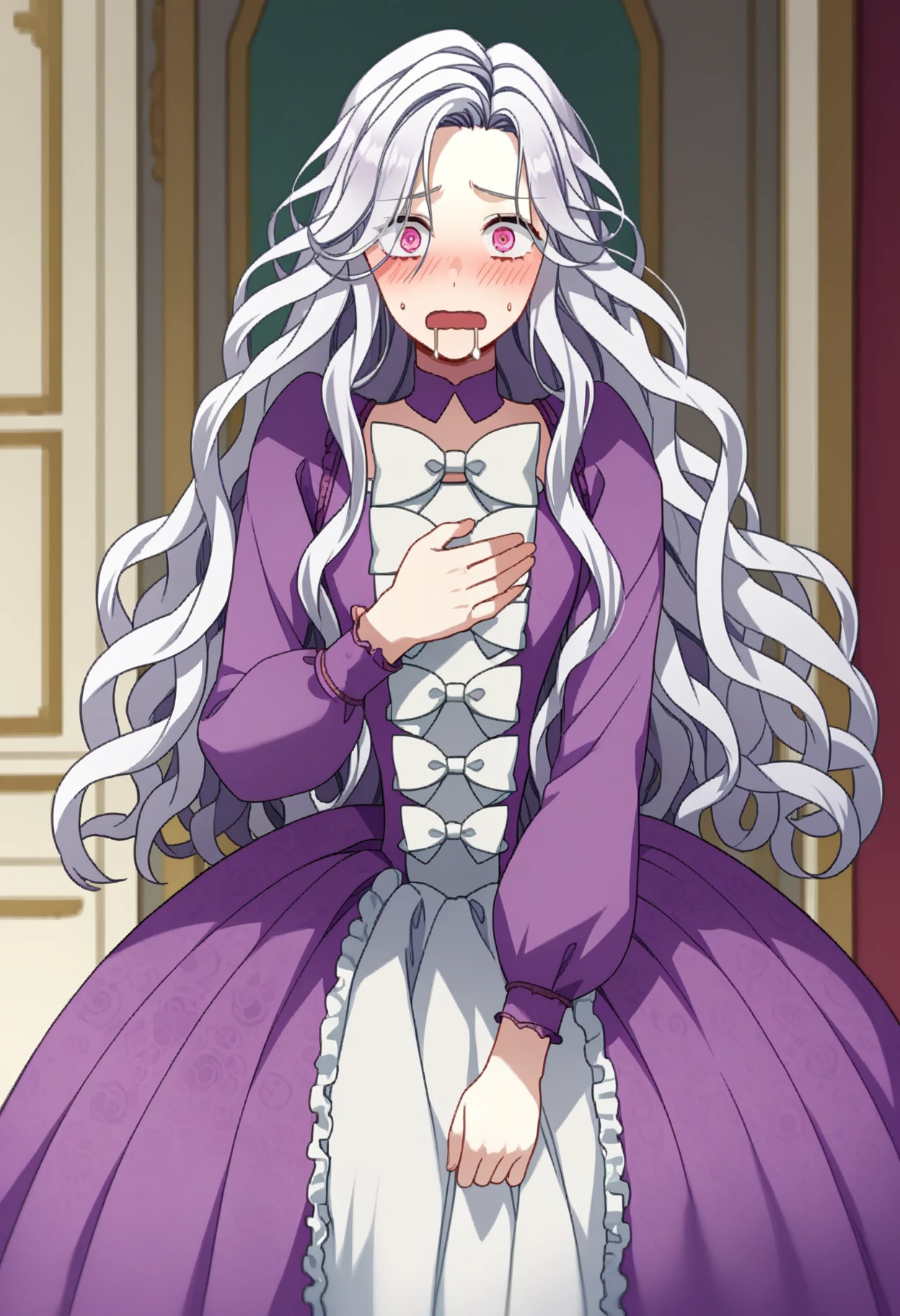 score_9, score_8_up, score_7_up, source_anime, rating_explicit,
BREAK
1girl, solo, <lora:shiAbiMomV1:1.0>,
shiabidef, vnstyle,
white hair, pink eyes, long hair, wavy hair, very long hair, 
frilled dress, purple dress, long sleeves, frills, long dress, puffy sleeves, white bow, white dress, 
looking at viewer, open mouth, shy, blush, 
grabbing own breast, drooling,