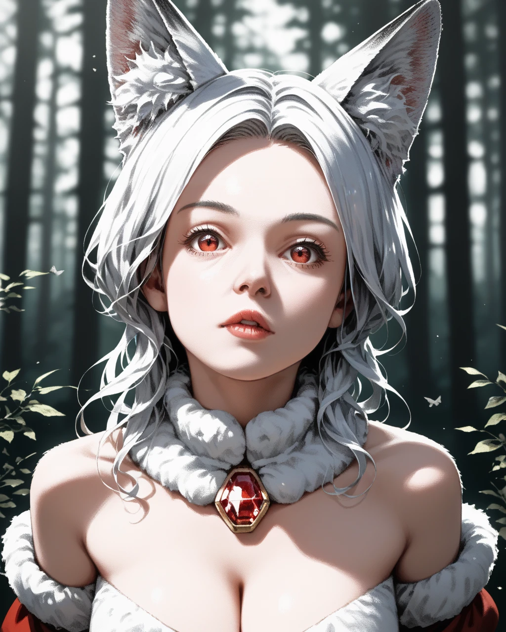 score_9, score_8_up, score_7_up, adult, 1girl, breasts, solo, red_eyes, animal_ears, long_hair, looking_at_viewer, cleavage, white_hair, parted_lips, covered_nipples, upper_body, detached_sleeves, bare_shoulders, blurry_background, forest, nature, jewelry, animal_ear_fluff, fur_trim, red_lips, blurry, gem, parted_bangs, large_breasts, lips, medium_breasts, fox_ears, bangs, <lora:stippling:0.8> dot art style, stippling, stippling drawing, stippling style, <lora:NeoNiSD_2:0.8> stippling, stippling drawing, stippling style,