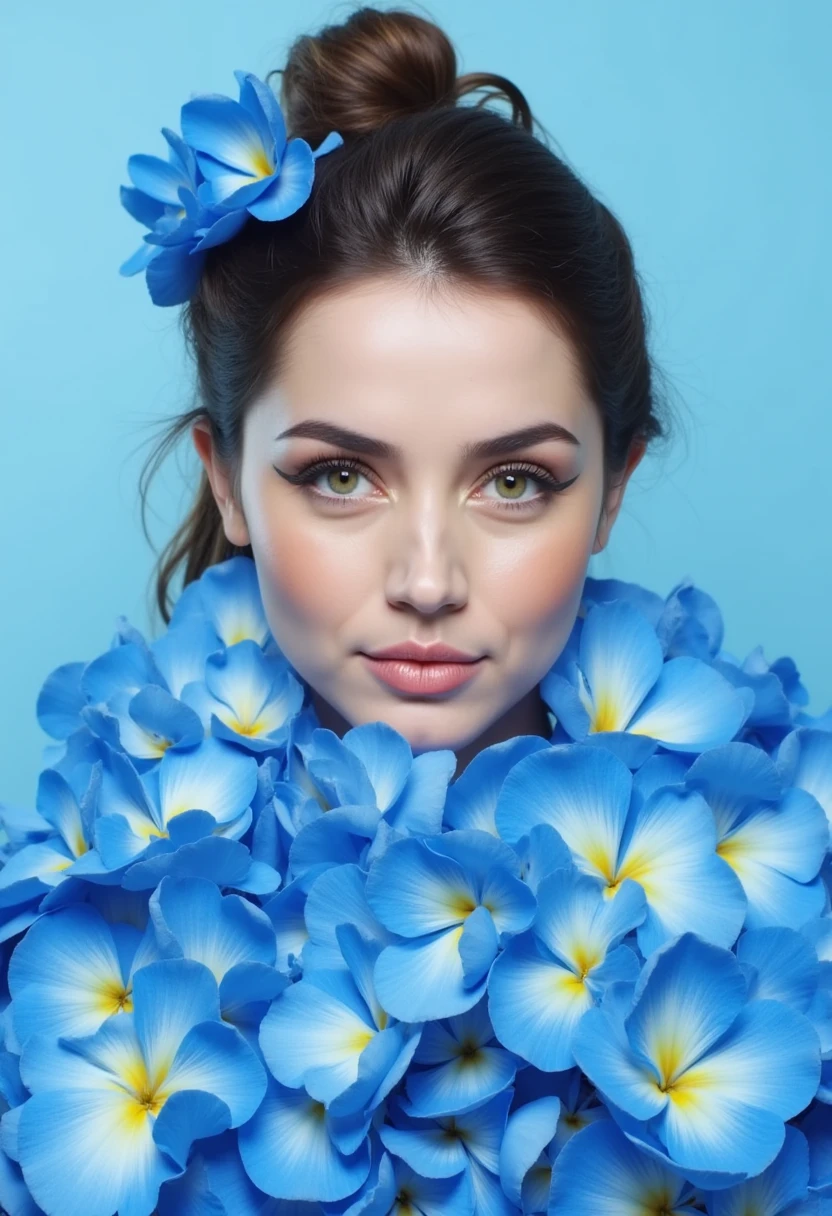 The image is a high-resolution photograph featuring a woman with an ethereal, almost otherworldly appearance. She is positioned centrally in the frame, facing the camera with a serene expression. Her skin is smooth and fair, and she has delicate, natural makeup with a focus on her eyes, which are accentuated with dark eyeliner and subtle eyeshadow. Her brown hair is styled in a neat bun adorned with a blue flower.

The woman is draped in an elaborate arrangement of blue flowers, primarily consisting of large, vibrant blue petals with hints of white and cream. The flowers are dense and cover her shoulders and upper body, creating a lush, floral backdrop that contrasts beautifully with her pale skin. The petals have a soft, velvety texture, and some are even slightly transparent, adding depth and dimension to the arrangement.

The background is a solid, light blue, which enhances the vividness of the flowers and the woman's complexion. The overall mood of the image is dreamy and romantic, with a focus on natural beauty and the delicate interplay between the woman and the floral arrangement. The photograph is highly stylized, likely for a fashion or editorial shoot, showcasing a blend of nature and artistry. 4N4D34RM4S
