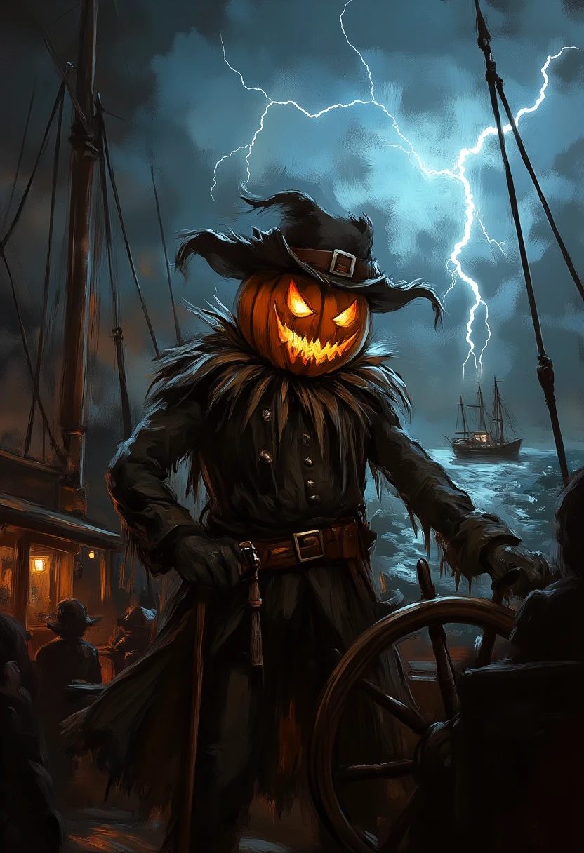 J4CK stands at the helm of a pirate ship, staring into the stormy sea ahead. Lightning strikes in the distance as J4CK commands the crew. The dramatic scene is rendered in the style of nautical adventure art.