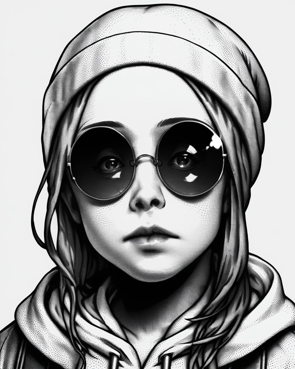 score_9_up, score_8_up, score_7_up, stippling, stippling drawing, stippling style, 1girl, greyscale, monochrome, solo, hat, sunglasses, looking at viewer, beanie, hood, halftone, screentones, hoodie, simple background, lips, round eyewear, closed mouth, portrait, hood down, white background, monochrome, greyscale,  <lora:NeoNiSD_2:0.8> stippling, stippling drawing, stippling style