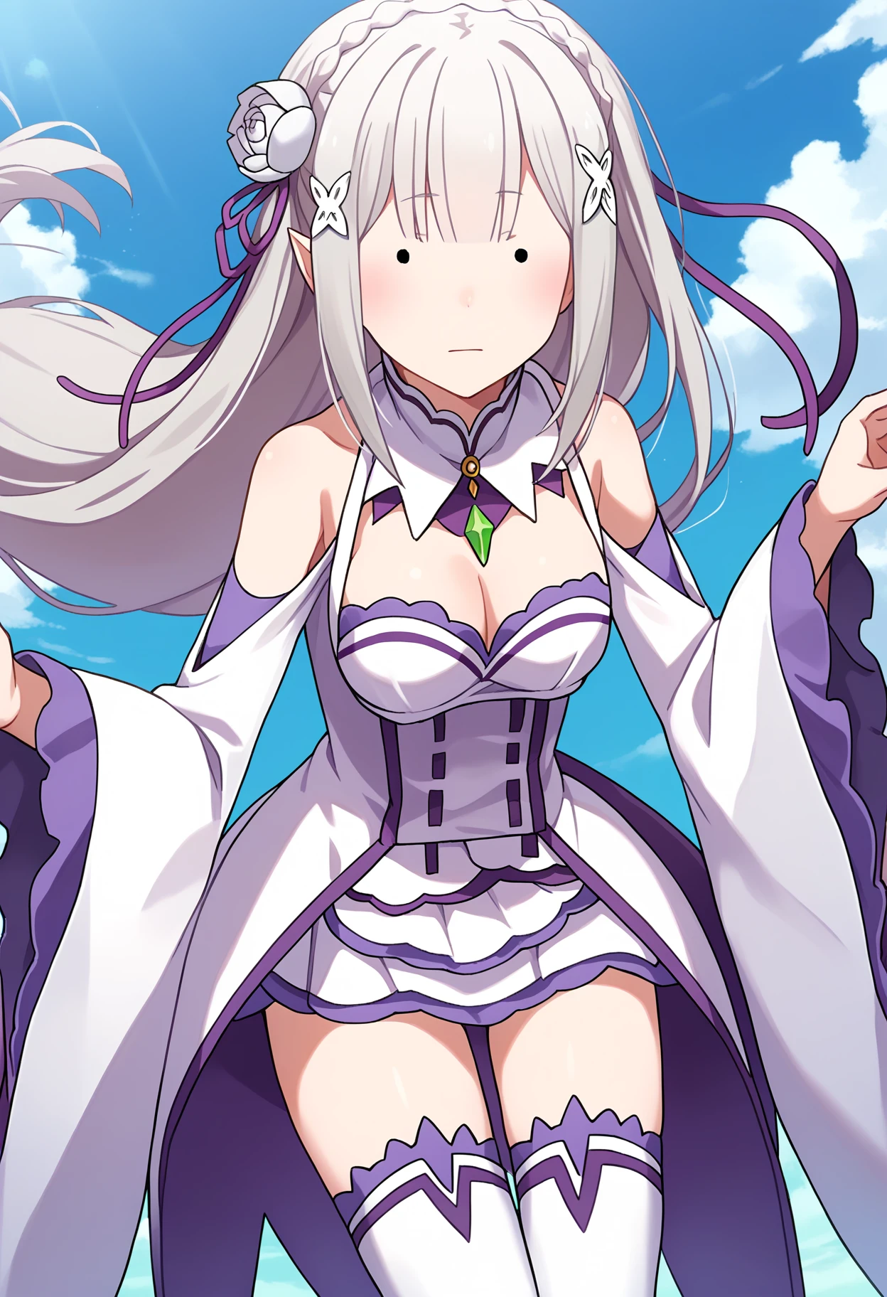 score_9, score_8_up, score_7_up, source_anime,
BREAK
<lora:shidittoeyeV1:1>, shidittoeye, black eyes, solid circle eyes, . .,
1girl, solo,
<lora:shiEmiliaV2:1> shimilia, long hair, grey hair, purple eyes, pointy ears, crown braid, hair flower, hair ribbon, purple ribbon, x hair ornament, white dress, cleavage, bare shoulders, wide sleeves, white thighhighs, thigh boots,