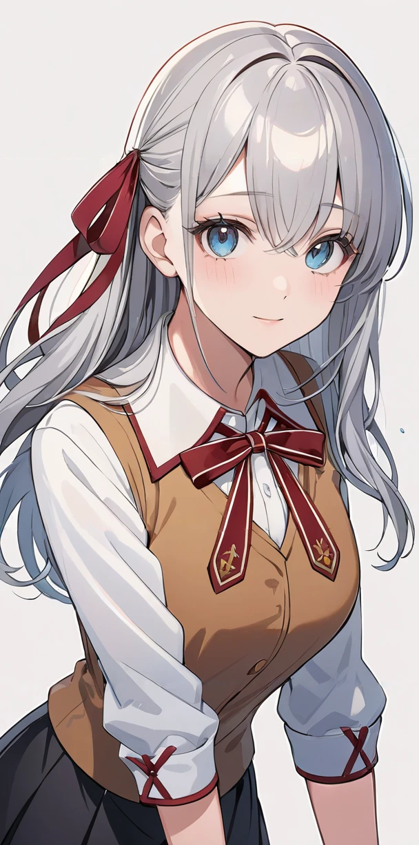 masterpiece,ultra-detailed,best quality,8K,illustration,cute face,clean skin ,shiny hair,girl,ultra-detailed-eyes,simple background, <lora:add-detail-xl:1> <lora:homurahara academy school uniform_XL_V1.0:1> homurahara academy school uniform, red ribbon, vest, skirt