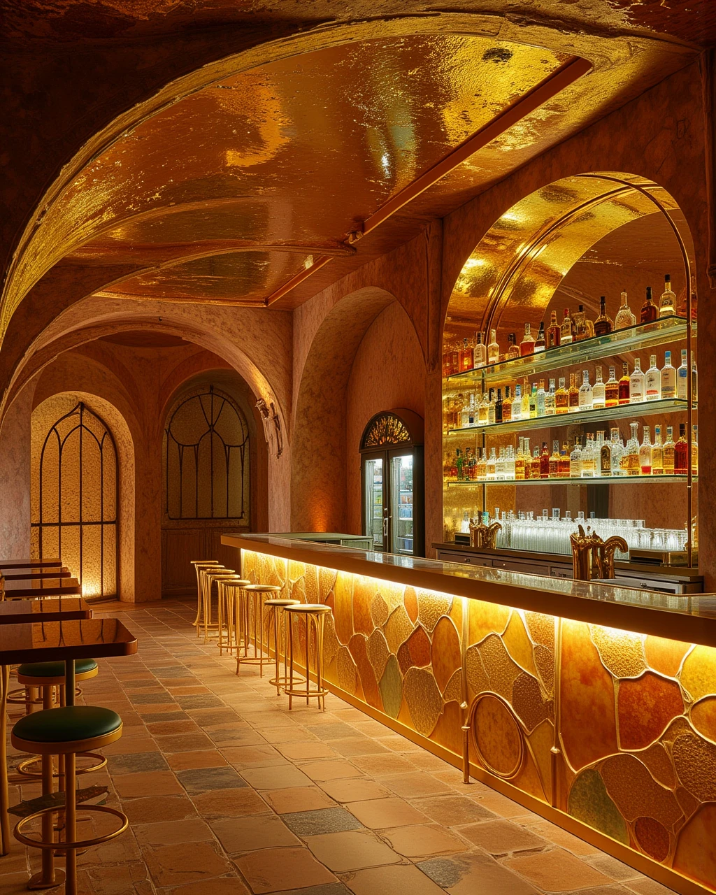 glassbarbylaushine,interior design of a luxurious pub in a cave underground,the wall and tiled floor made out of crystal and gold-leaf ,fill with glass made chairs and tables,illuminated by warm spotlight,Above the counter, a sleek, glass shelf holds various bottles of liquor, neatly arranged in a golden, metallic frame.