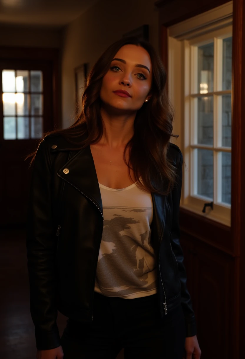 The image is a high-resolution photograph of a young woman standing in a dimly lit, narrow hallway. She has long, wavy brown hair cascading over her shoulders and framing her face, which is turned slightly towards the camera with a serious, intense expression. Her skin is fair with a natural glow, and she has full lips painted in a deep, rich red. She is wearing a black leather jacket over a white t-shirt with a grayscale abstract design, which is slightly unbuttoned to reveal a hint of cleavage. 

The background shows a narrow hallway with wooden paneling and a dark, vintage ambiance. To the left, there is a dark wooden door with a small, frosted glass panel, and to the right, there is a window with multiple panes of glass, through which soft, warm light filters in, creating a contrast with the darker surroundings. The lighting is warm and intimate, casting subtle shadows that accentuate the textures of the woman's hair and jacket. The overall mood of the photograph is moody and slightly edgy, with a focus on the subject's confident and alluring presence. P1P3R
