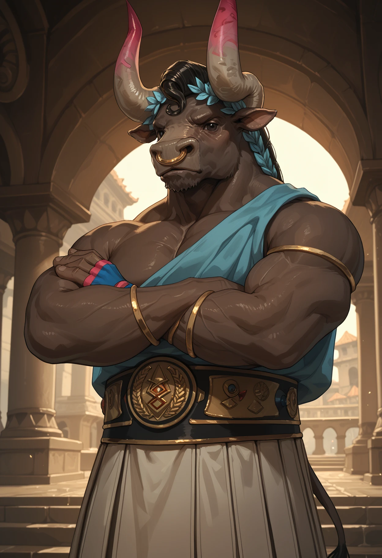 zPDXL3, score_9_up, score_8_up, score_7_up, detailed, source_furry, (best quality:1.2), hi res, ambient lighting, digital media \(artwork\) BREAK ancient rome, asteriushades, horns, minotaur, black eyes, tail, nose ring, muscular male, broad shoulders, crossing arms, looking at viewer <lora:detailed_notrigger:1> <lora:Asterius_Hades_V1:1> <lora:1dkXLP:0.25>