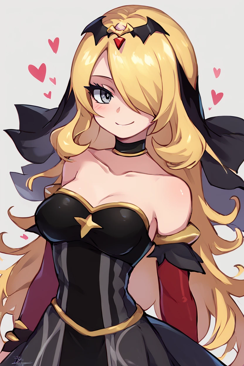 score_9, score_8_up, score_8, medium breasts, (curvy), cute, eyelashes,       BREAK, , ,,,  zzCynthiaRenegade, grey eyes, long hair, blonde hair, hair over one eye, hair ornament, official alternate costume,  black dress, black choker, veil, tiara, collarbone,  <lora:CynthiaRenegade_Pokemon_PDXL:1.0>,   ,,, , BREAK, smile, looking at viewer, cowboy shot, ,,, embedding:zPDXL, Expressiveh, ,,, <lora:Zankuro_Style_PDXL:0.8> <lora:SDXLFaeTastic2400:0.5>, <lora:Expressive_H-000001:0.4>,