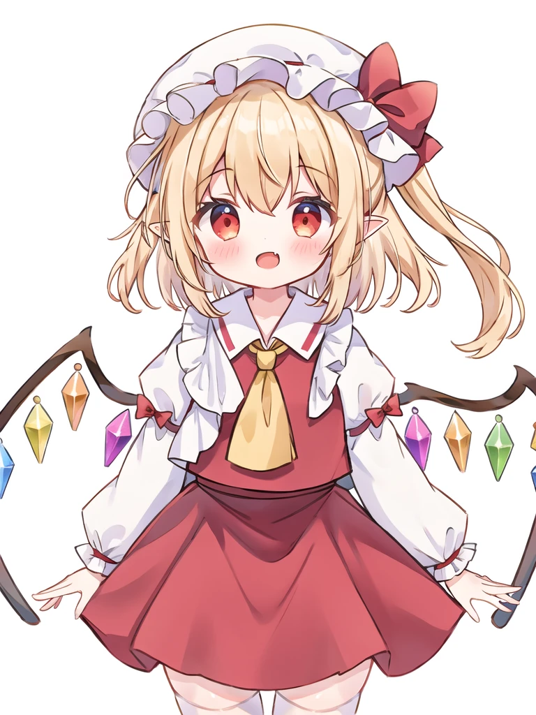 1girl, birdcage, blush, collar tops, crystaled wings, fang, flandre scarlet, holding hair, looking at viewer, mob cap, one side up, open mouth, pointy ears, puffy short frilled sleeves, red hat bow, red skirt, simple background, solo, upper body, white background, white shirt, white thighhighs, wrist cuffs, yellow ascot,<lora:FULAN_lora_2024.10.12-version1-000033:0.45>,