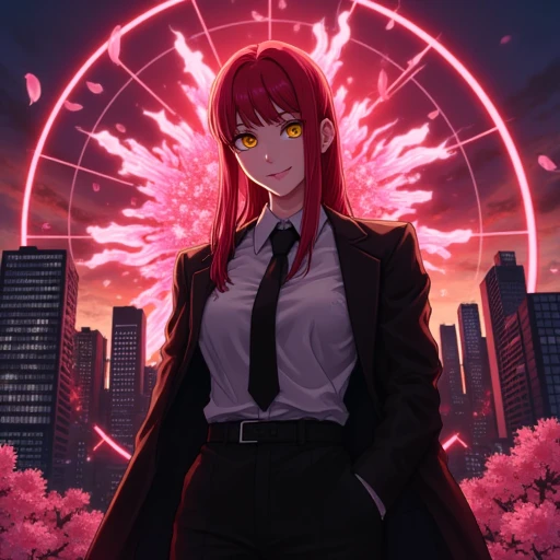 makima, anime style, woman, high detail, solo, standing, vibrant red hair, long straight hair, yellow ringed eyes, confident smirk, white collared shirt, black tie, government uniform, pale skin, slender figure, control devil aura, glowing red lines, floating red strings, cherry blossom petals, Tokyo cityscape background, twilight sky, lens flare, dynamic pose, hands in pockets, sharp shadows, slight wind effect, ominous atmosphere, clean line art, vivid colors, smooth shading, sparkle effects, ethereal glow, official's coat draped over shoulders, floating shadowy devil silhouettes, magic circle under feet, hypnotic eye pattern