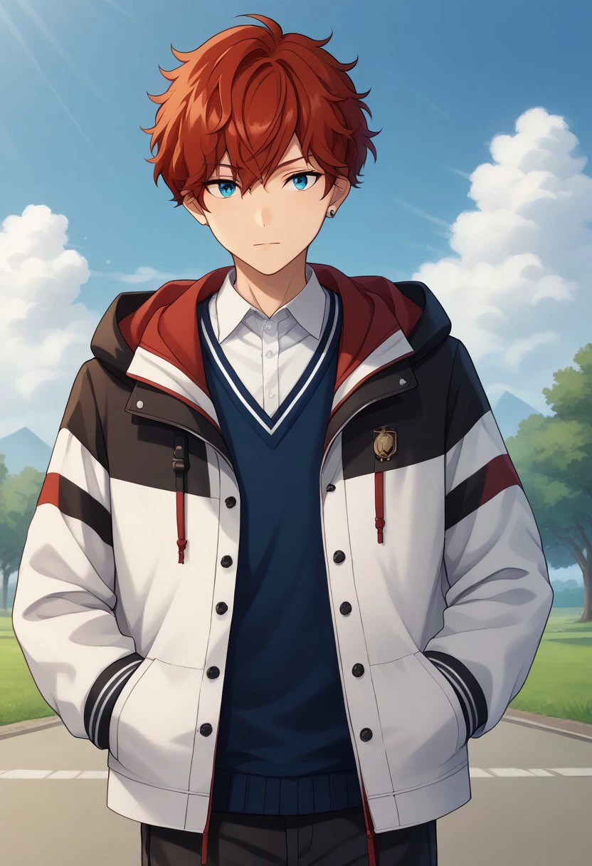 score_9, score_8_up, score_7_up, source_anime, highly detailed, 
amagiro, 1boy, male focus, solo, red hair, bangs, short hair, hair between eyes, blue eyes, shirt, white shirt, collared shirt, sweater, blue sweater, jacket, white jacket, black jacket, multicolored jacket, open jacket, open clothes, hood, long sleeves, pants, black pants, jewelry, earrings, upper body
outdoor, sky, cloud, tree,