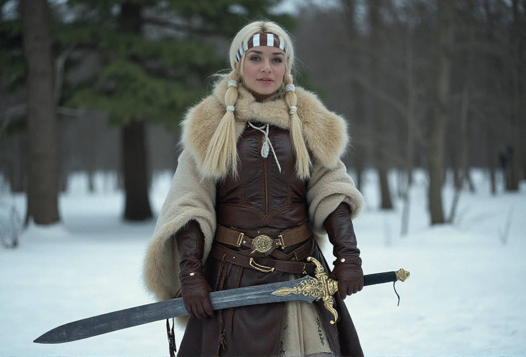 Zabou is a woman.  Her hair are braided. She is a viking warrior and wears a light armor made of leather and bronze. she is holding a big sword with exquisit details in the snow in a forest. Ready to fight<lora:Zabou:0.9>