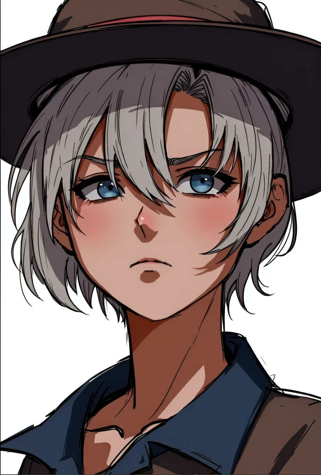 Sketch Style, solo, blue eyes, simple background, 1girl, hat, white hair, female focus, facial scar, short hair, scar on face, strong features, intense gaze, weathered expression, older woman