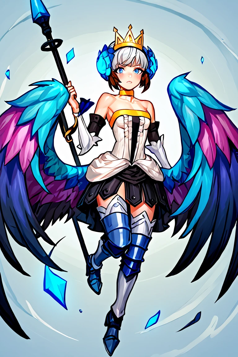 score_9, score_8_up, score_7_up, gwendolyn, 1girl, solo, crown, weapon, polearm, long hair, wings, armor, spear, strapless dress, blue eyes, strapless, bare shoulders, armored dress, dress, multicolored wings, choker, boots, low wings, grey hair, short hair