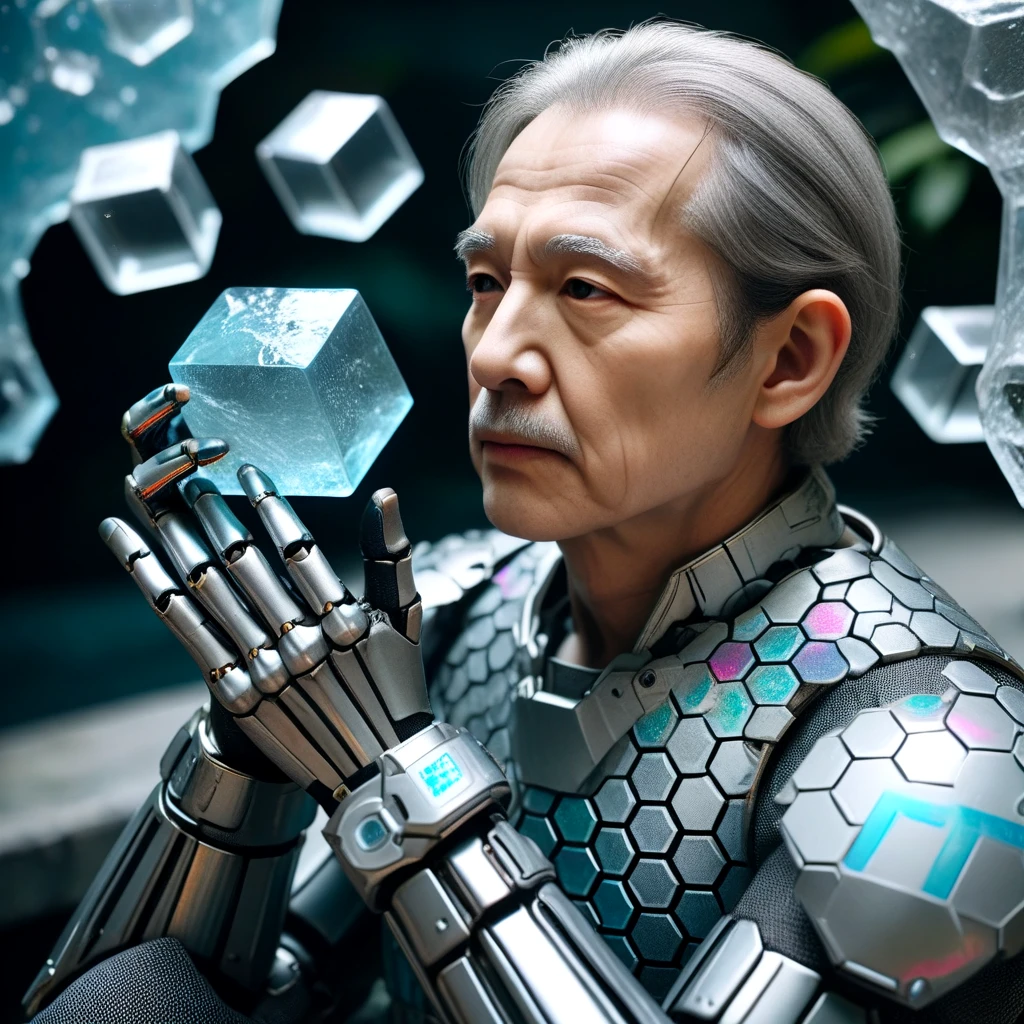 <lora:Scale_armor_SDXL:0.7>old man, wrinkled skin, jewelry, sitting, upper_body, outdoors, armor, blurry, , gauntlets, science_fiction, realistic, nose, android, mechanical_arms, cyborg, barcode, cyberpunk, ice_cube, mechanical_parts, honeycomb_(pattern), energy barrier,