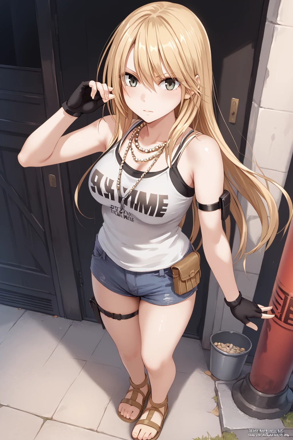 score_9, score_8_up, score_7_up, BREAK source_anime, masterpiece,
1girl, kaguya, long hair, hair between eyes, blonde hair, grey eyes, large breasts, <lora:kaguya_pony-000050:0.8>
sandals, fingerless gloves, shorts, short shorts, belt, necklace, tank top, clothes writing, black gloves, midriff, denim, denim shorts, thigh strap, pouch, armband, bare shoulders, from above,
standing,