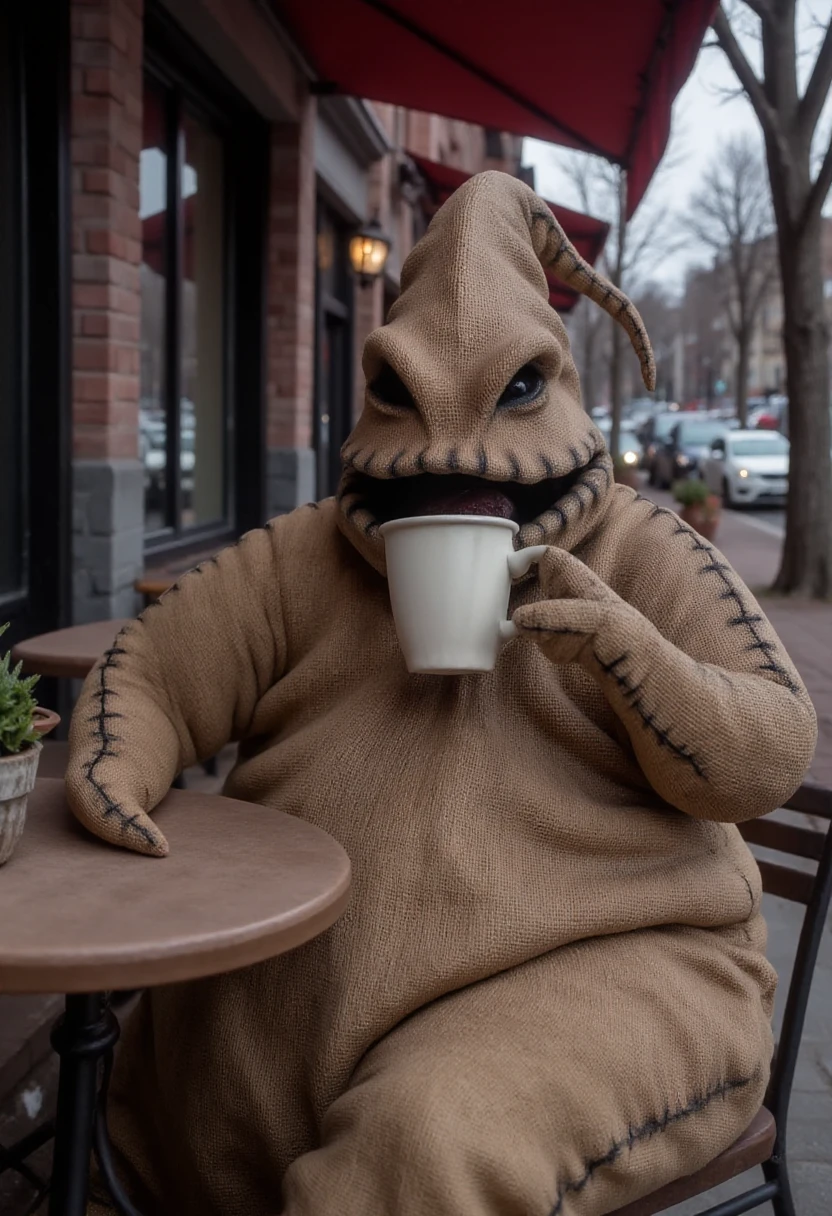 <lora:Oogie_Boogie_The_Nightmare_Before_Christmas_FLUX-000029:0.9>
Photo of Oogie Boogie, humanoid, burlap sack-like creature, sitting at an outdoor cafe drinking coffee.