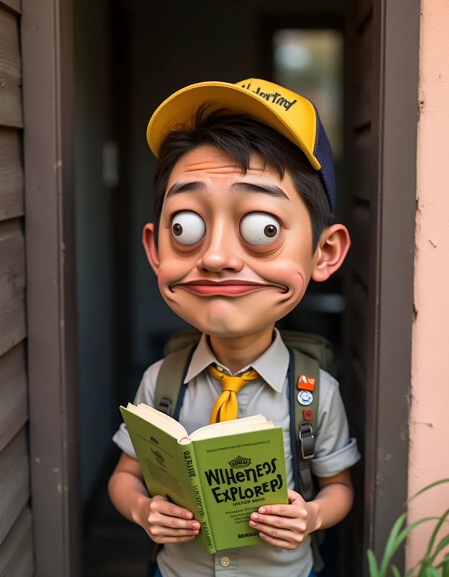 This image is in a Pixar 3D animation style.
We see a young boy, likely around 6-8 years old, peeking around a doorway. He's grinning excitedly, holding a "Wilderness Explorers" handbook open in his hands. 
He is with the megustaface expression.
The mouth is a wide, exaggerated frown with the corners downturned. The lips are full, especially the lower lip, and painted a bright red. The teeth are not visible. There are deep lines running from the corners of the mouth down the chin, emphasizing the frown.
The eyes are disproportionately large and wide-set, with white sclera, black pupils, and no irises. The eyelids are thick and heavy, with visible wrinkles around them.
The boy has short, spiky black hair and rosy cheeks. He's wearing a yellow baseball cap with a mesh back, and a yellow neckerchief peeks out from under his collar.  He's wearing a light-colored shirt with rolled-up sleeves, and you can see the straps of his backpack over his shoulders. The backpack has a red rope and a few badges pinned to it. 
The doorway he's peeking from is a dark wood, contrasting with the pale pink exterior wall beside it.  There's a small orange flag attached to the doorframe.  You can see a blurry background of green grass and a fence behind the boy. 
<lora:fluxgym-megustaface-expression-lora01:1>