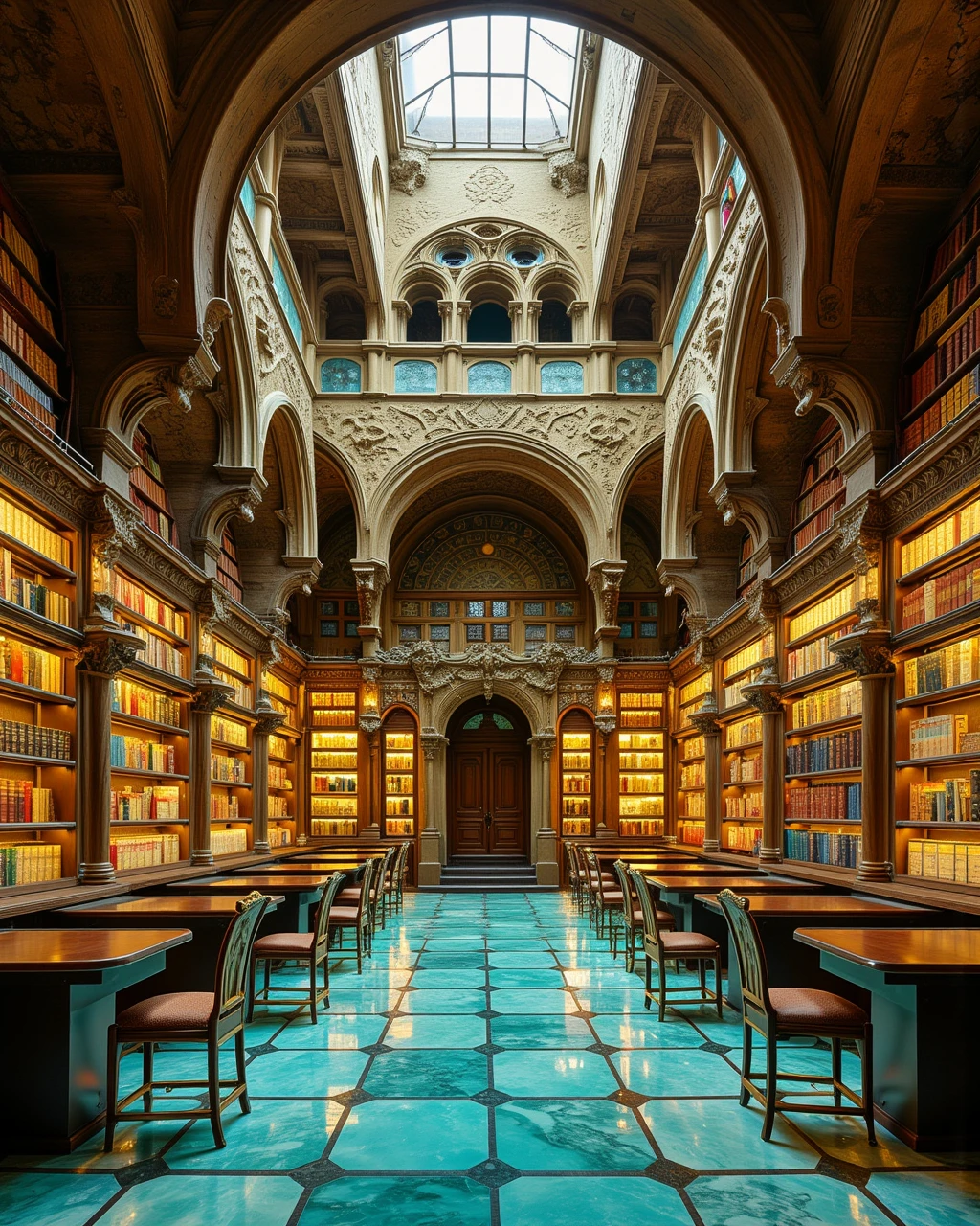 glassbarbylaushine,dutch angle and side view photo of an intricate and huge library in an ancient gothic stone castle.The shelf and tiled floor made of glass and translucent turquoise,fill with gold-leaf made chairs and desks indoors,illuminated by warm sunlight from dome,the shelfs surround wall is full of classical books on them