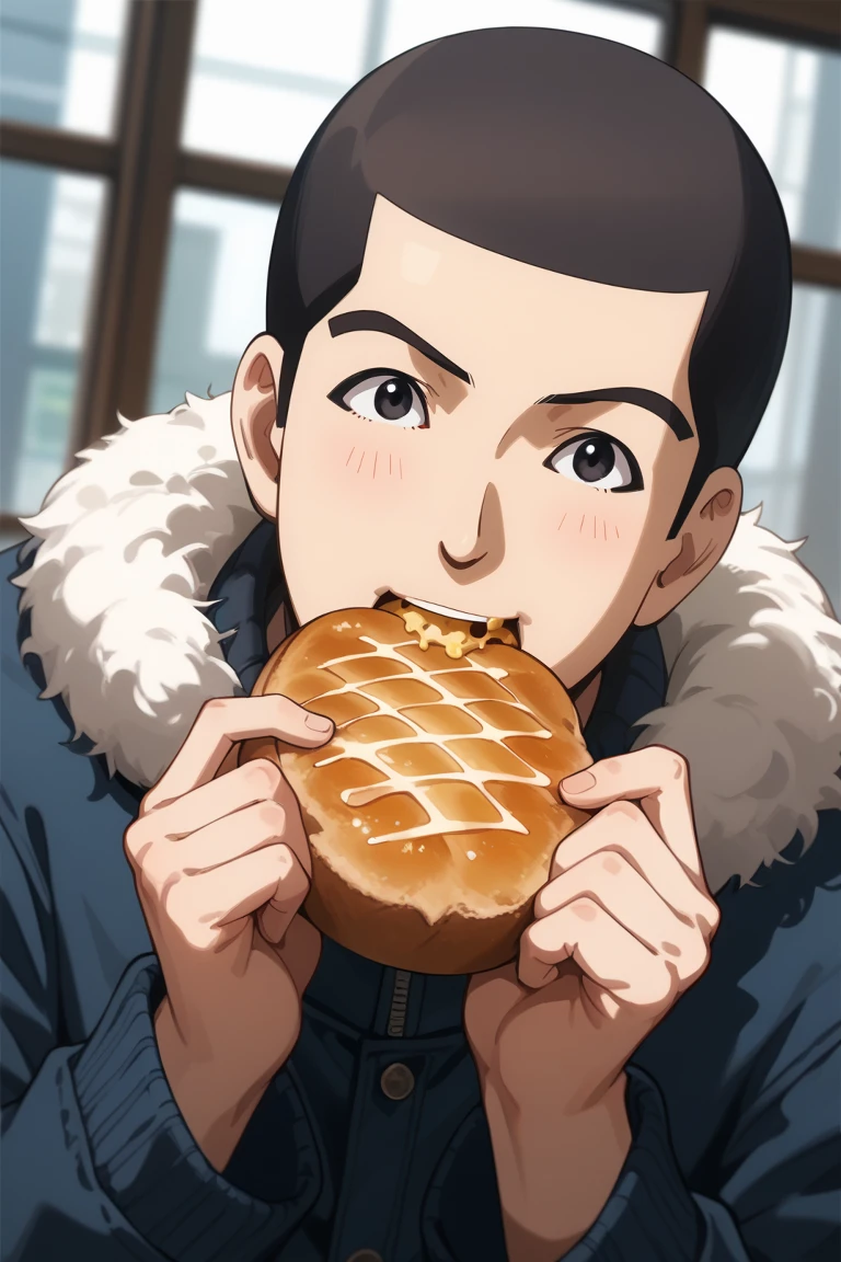 score_9, score_8_up, score_7_up, source_anime, rating_safe, day, natural lighting, male focus, eating bread, food in mouth, eating, OkajimaAC, black_Okajima_eyes, black_Okajima_very short hair, open mouth, fur trim, jacket, winter clothes, 1boy, blurry indoors cafe, dutch angle, intricately detailed illustration, depth of field, atmospheric perspective