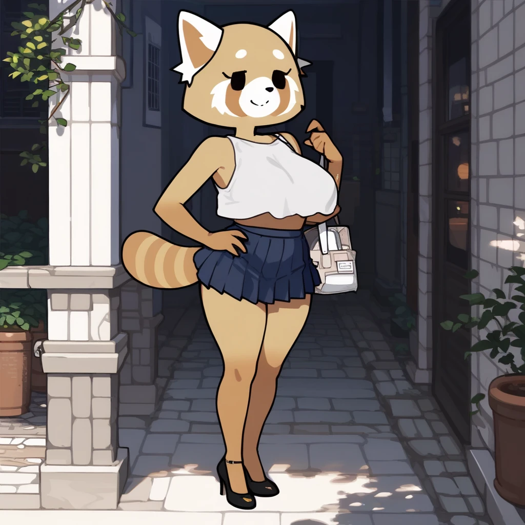 score_9, score_8_up, score_7_up, score_6_up, score_5_up,  1girl, full body,
(source_cartoon),
<lora:Retsuko's Mom Katie:0.9> Retsukos_Mom, furry female, body fur, beige fur, red panda, white fur ears, white ears, solo, smile, animal ears, striped tail, animal fluff ears, black nose, black eyes,
crop top, miniskirt, pleated skirt, high heels, standing, 
large breasts, <lora:nagatiti:0.9> nagatiti,
outdoors,
<lora:Expressive_H:0.7> Expressiveh,
<lora:add-detail-xl:0.9>