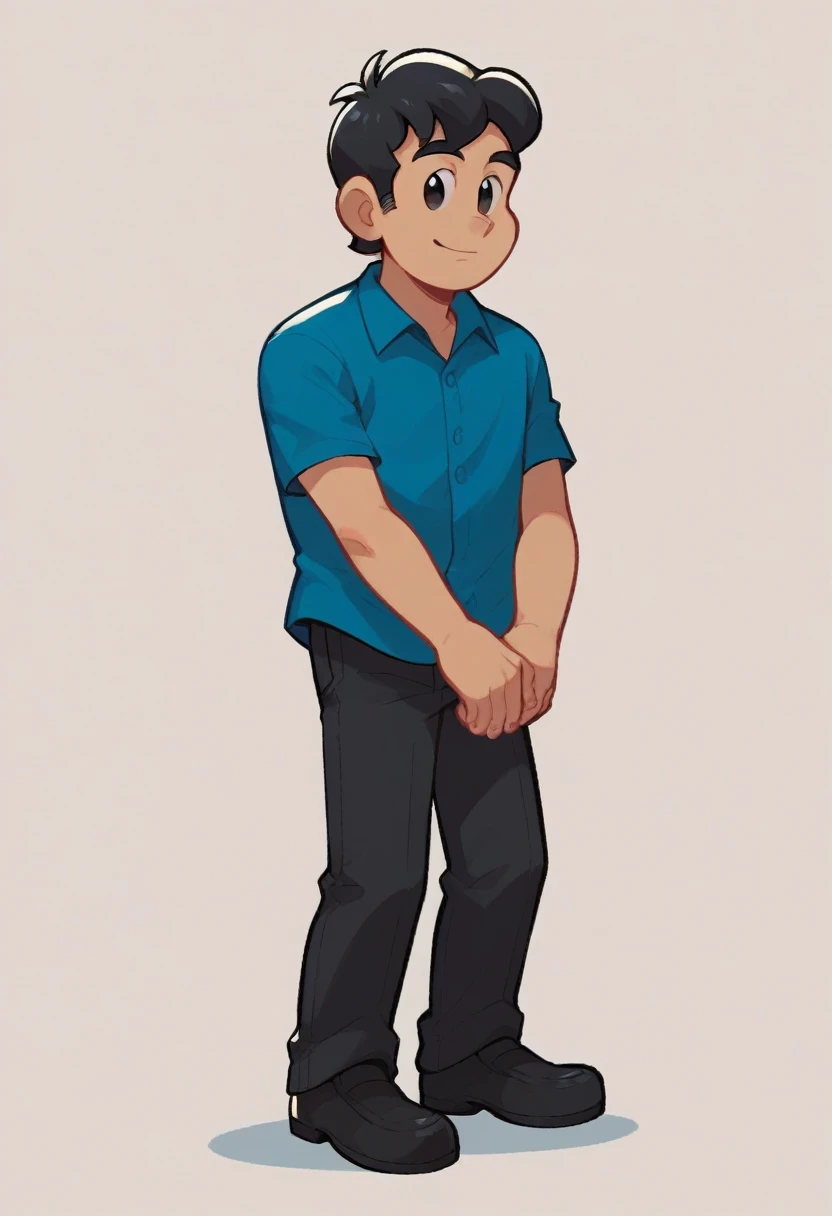 seu_sousa, solo, short hair, shirt, black hair, 1boy, standing, male focus, short sleeves, collared shirt, pants, black eyes, black pants, blue shirt,