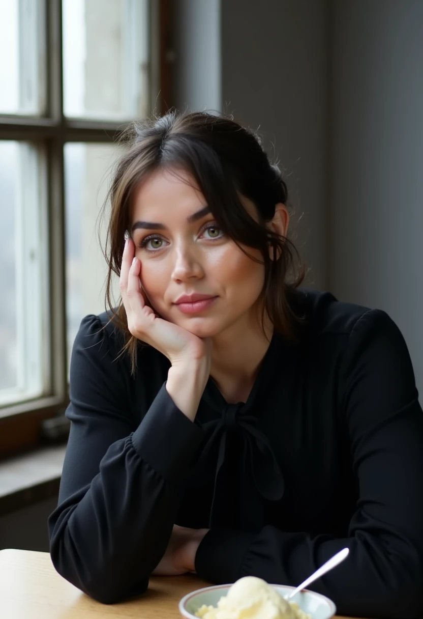 This is a photograph featuring a young woman with a fair complexion, possibly of Caucasian descent, with a slender physique. She has a youthful, oval face with high cheekbones, large expressive eyes, and full lips. Her dark brown hair is styled in a messy updo with loose strands framing her face. She is wearing a black, long-sleeved top with a relaxed fit, and her arms are resting on a table or counter, with her chin propped on her left hand. 

The background is blurred but suggests an indoor setting with muted tones. There is a large, slightly weathered window with multiple panes to the left, which casts soft, diffused light on her face. The wall behind her appears to be painted in a light gray color, adding to the overall serene and introspective ambiance of the scene. 

In the foreground, on the table or counter, there is a bowl of what appears to be ice cream or a similar creamy dessert, with a spoon resting next to it. The overall lighting is natural, casting gentle shadows and highlighting her features. The photograph captures a moment of quiet contemplation, evoking a sense of calm and introspection. 4N4D34RM4S
