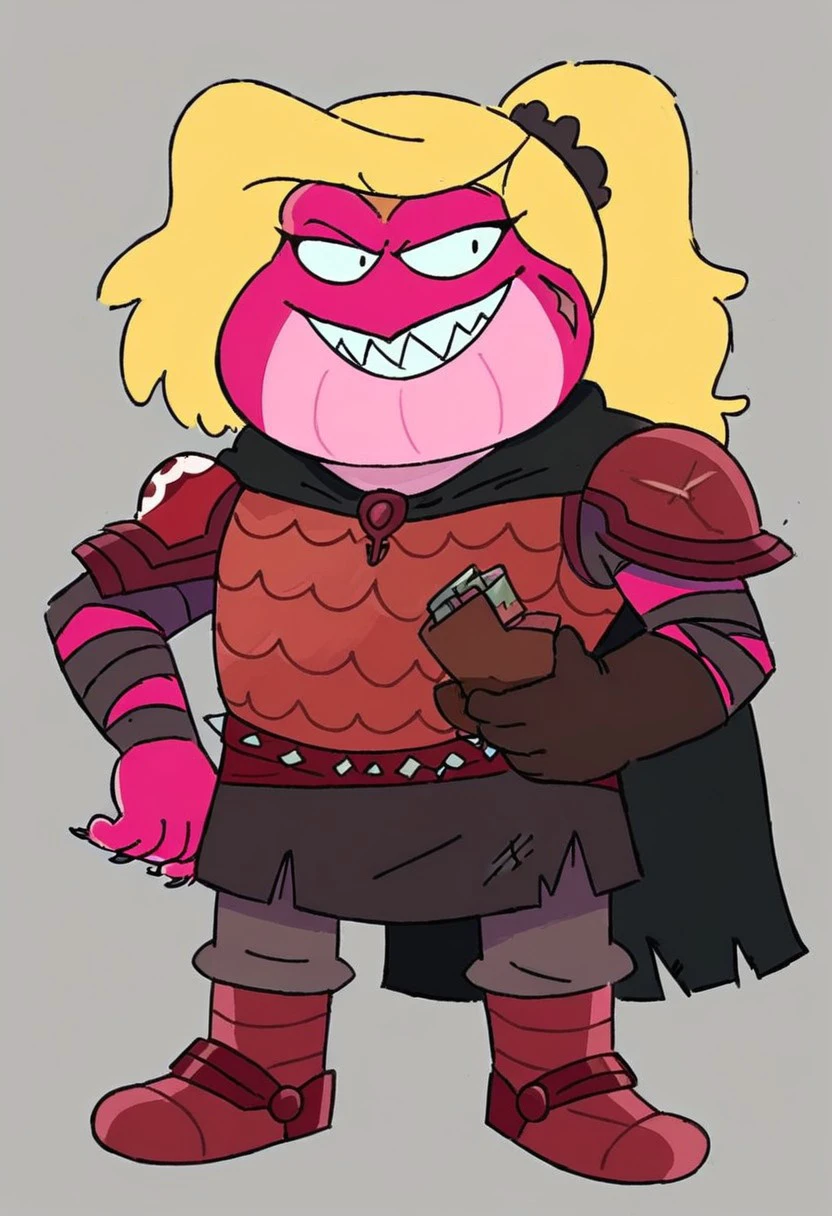 solo, Toad Sasha, toad, large and muscular build, pink skin, blonde hair, sharp teeth, scar on right cheeck, red leather armor, dark cape, pauldron on left shoulder, leather boots, glove on her left hand,left armband, fur skirt, grey leggings, wraps on her right hand