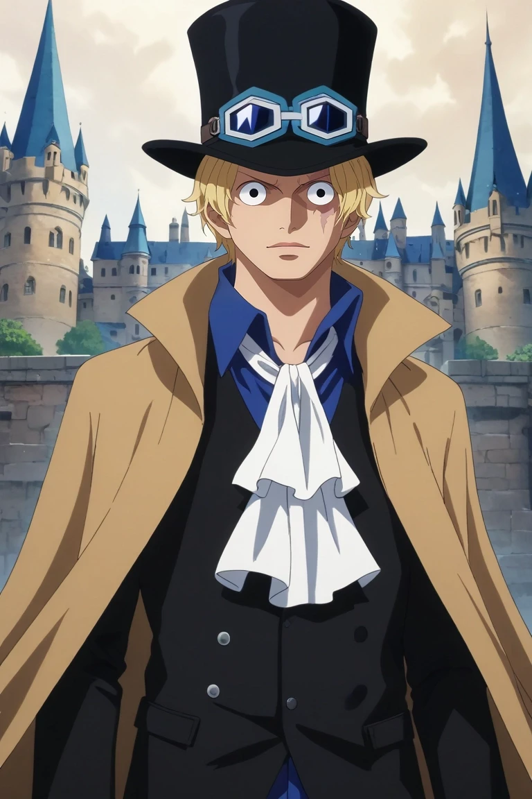 score_9, score_8_up, score_7_up, , rating_safe, intricate details, (realistic:0.6), looking at viewer, , 1boy, solo, male focus, <lora:sabo_one_piece_pony:0.74>, sabo_one_piece, blonde hair, black eyes, short hair, scar across eye, , goggles on headwear, top hat, brown gloves, black headwear, white ascot, coat, blue shirt, wide angle, wide shot, cowboy shot, castle, midnight, knees up, squinting, , <lora:sdxl_lightning_8step_lora:1>