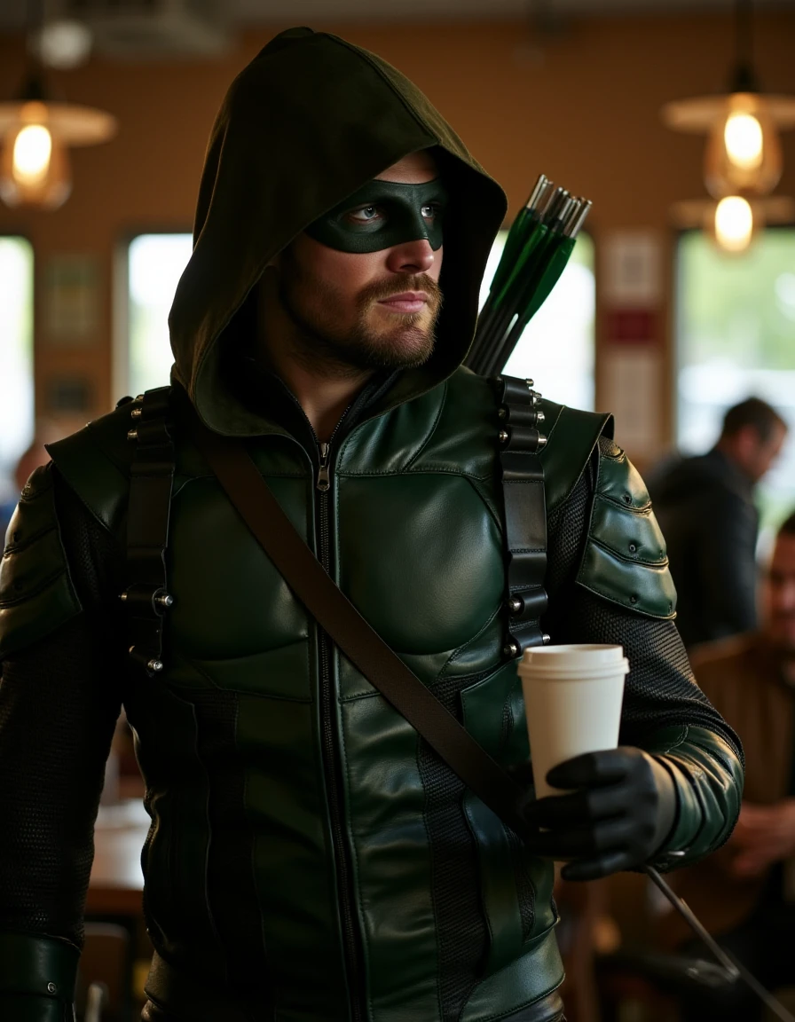 <lora:Arrow_Flux:1> Archer green hooded leather armor, domino mask, holding a compound bow. Standing in a cafe having a coffee.