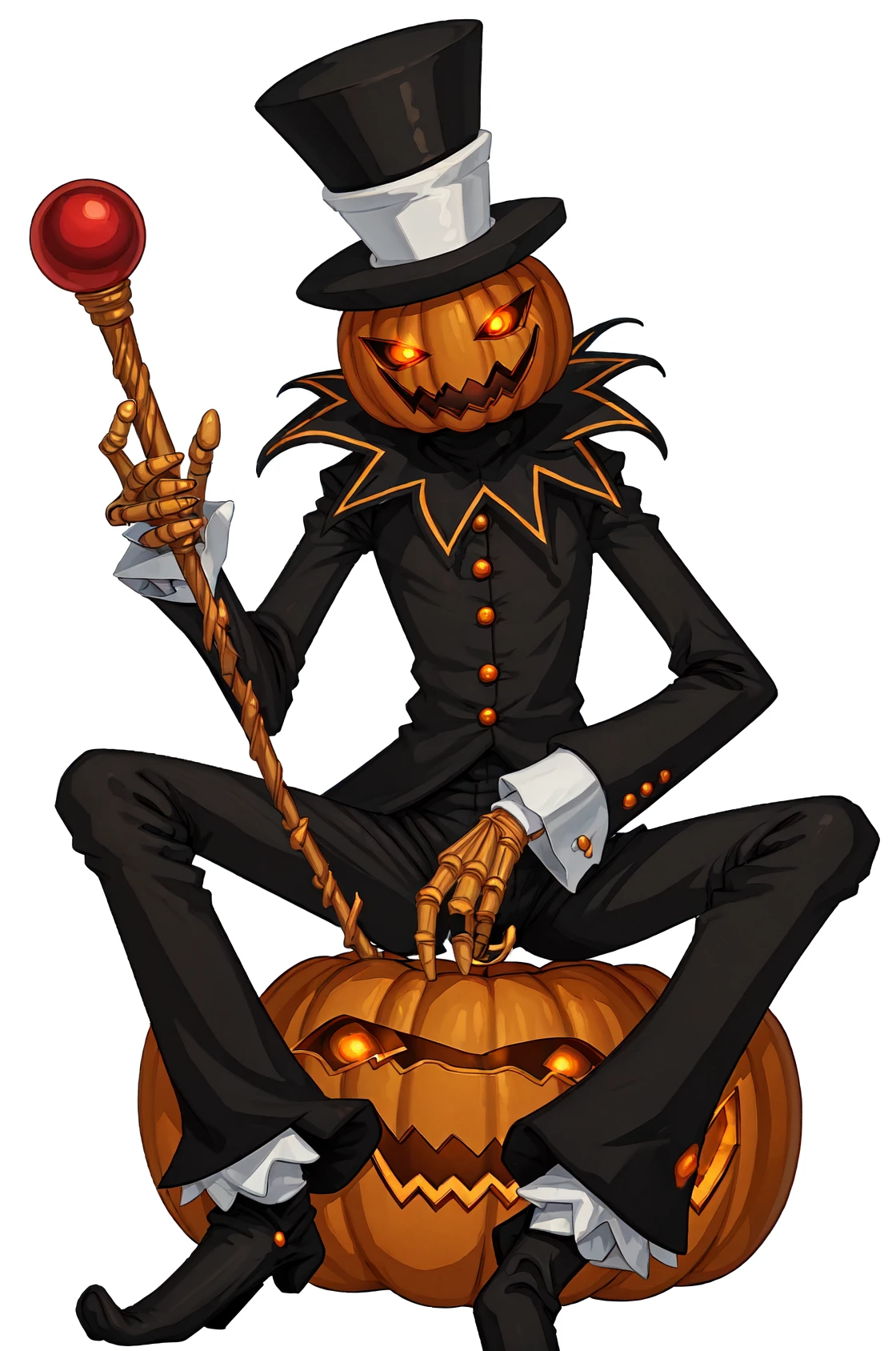 jakkRo, top hat, pumpkin head, black pants, glowing eyes, suit, long sleeves, no human, 
holding staff, solo,
sitting, 
white background,
 <lora:jakkROV1.0-000007:0.85>