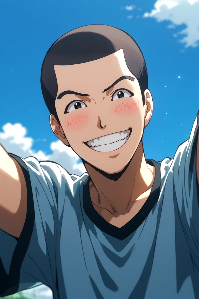 score_9, score_8_up, score_7_up, source_anime, rating_safe, day, natural lighting, sparkle, sparkling, male focus, selfie, outstretched arms, OkajimaAC, black_Okajima_eyes, black_Okajima_very short hair, blushing, oversized arms, wide smile, grin, teeth, happy, collarbone, 1boy, blurry outdoors, clouds, from below, intricately detailed illustration, depth of field, atmospheric perspective