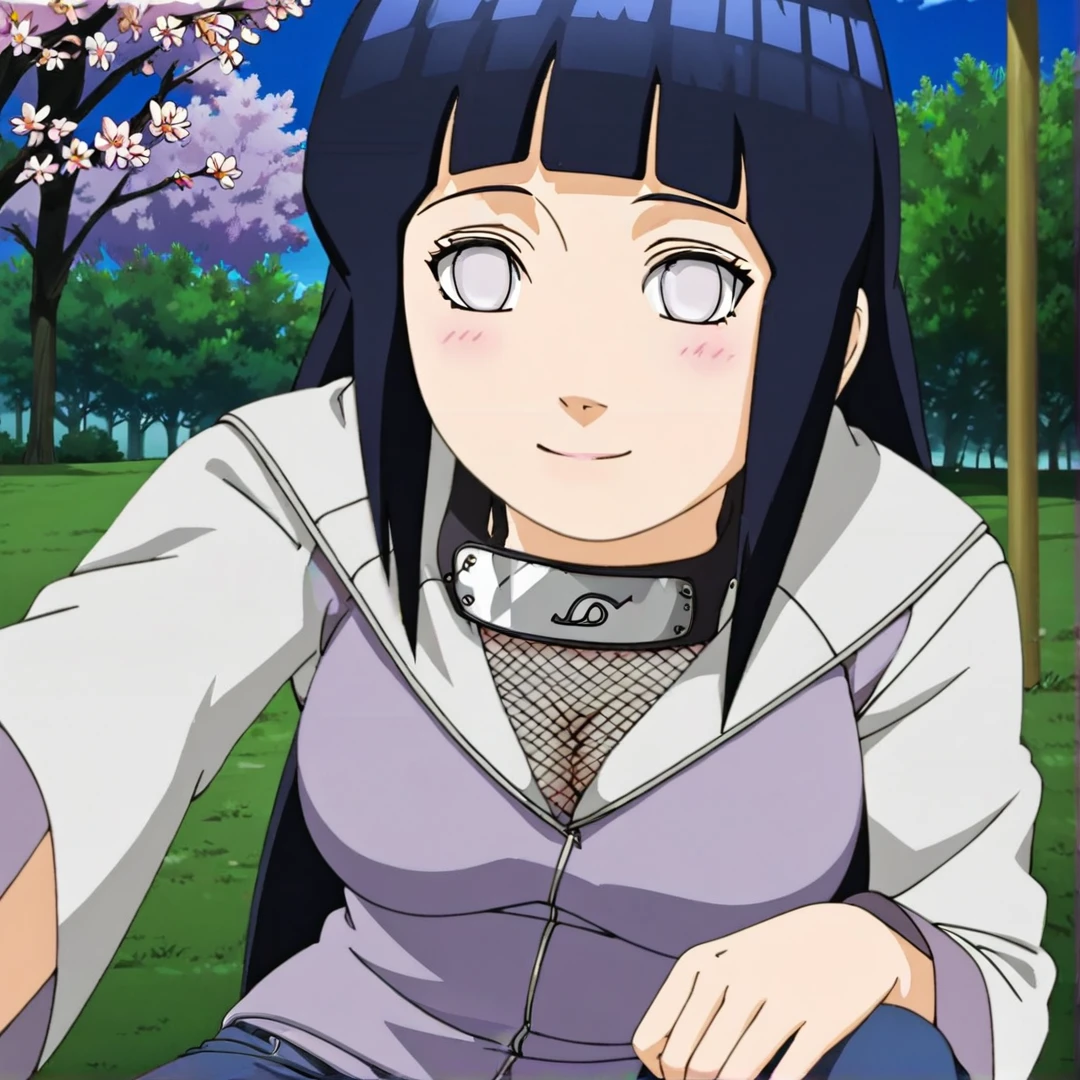 <lora:Hinata:1>, hinata, her dark blue hair hair reaches her lower back, and the framing strands reach shoulder-length, wears a lavender dress with breasts visible, blue tights jeans, and black shoes, she also has a big chest, in a park, sakura trees, solo,