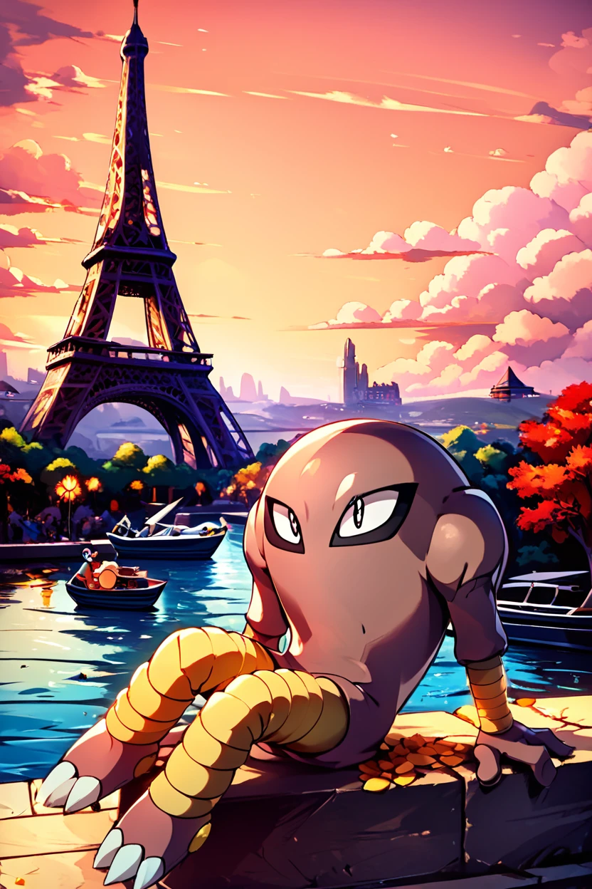 score_9, score_8_up, score_8,     BREAK, , ,,,  zzHitmonlee, no humans, pokemon (creature),  <lora:Hitmonlee_Pokemon_PDXL:1.2>,  ,,,  , BREAK, zzEiffelTower in background, sitting, watercraft, boat, sitting on wall, side view, looking at viewer, smile, ,,, BREAK, blooming stars, luminescent petals, otherworldly fragrance blurry background, ,,, embedding:zPDXL, Expressiveh, ,,, <lora:EiffelTowerPDXL:0.8>, <lora:CatalystStylePDXL:0.6>, <lora:SDXLFaeTastic2400:0.5>, <lora:Expressive_H-000001:0.4>,