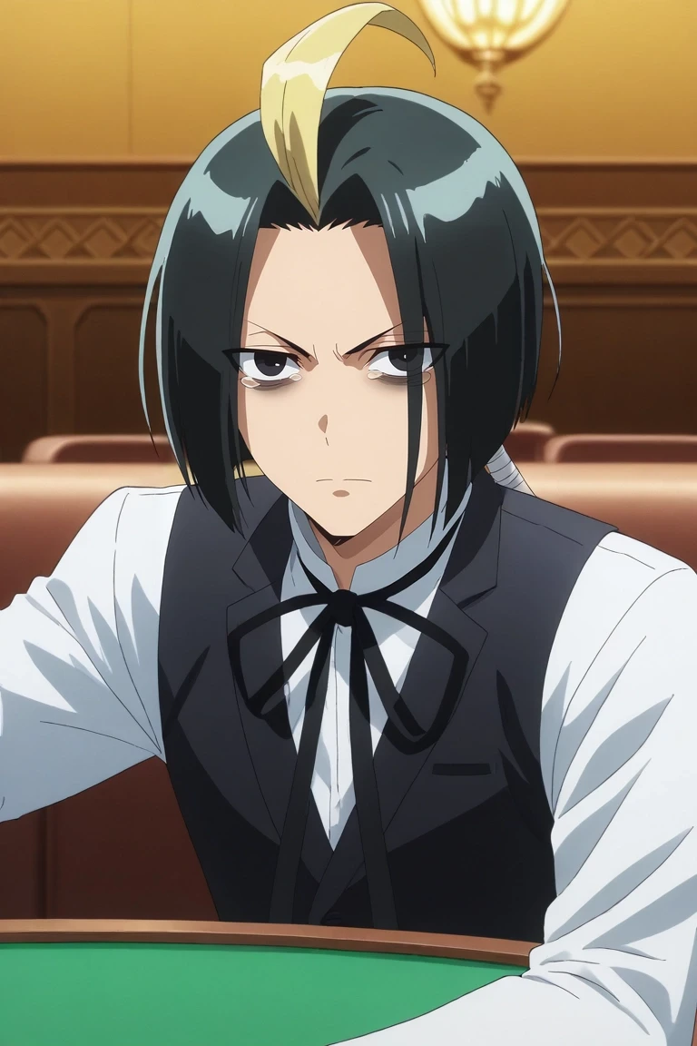 score_9, score_8_up, score_7_up, , rating_safe, intricate details, anime screencap, anime coloring, official style, looking at viewer, , 1boy, solo, male focus, <lora:seigen_amawaka_pony:0.84>, seigen_amawaka, black hair, black eyes, long hair, low ponytail, multicolored hair, two-tone hair, streaked hair, blonde hair, ahoge, rule of thirds, las vegas, casino, indoors, (dynamic pose:1.2), tearing up, , <lora:sdxl_lightning_8step_lora:1>