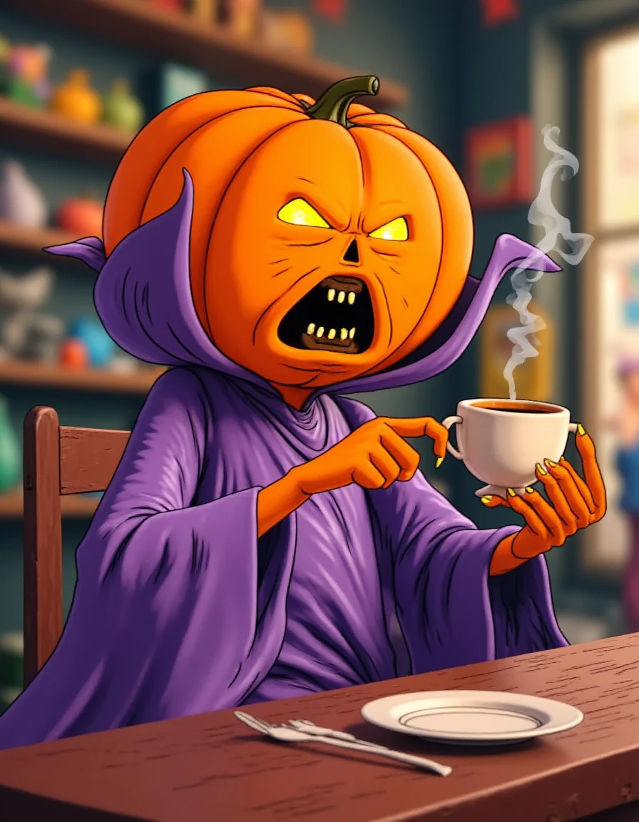 <lora:Samhain_Flux:1.8>cartoon, Pumpkin head, ripped purple robes, sitting in a cafe, drinking a coffee