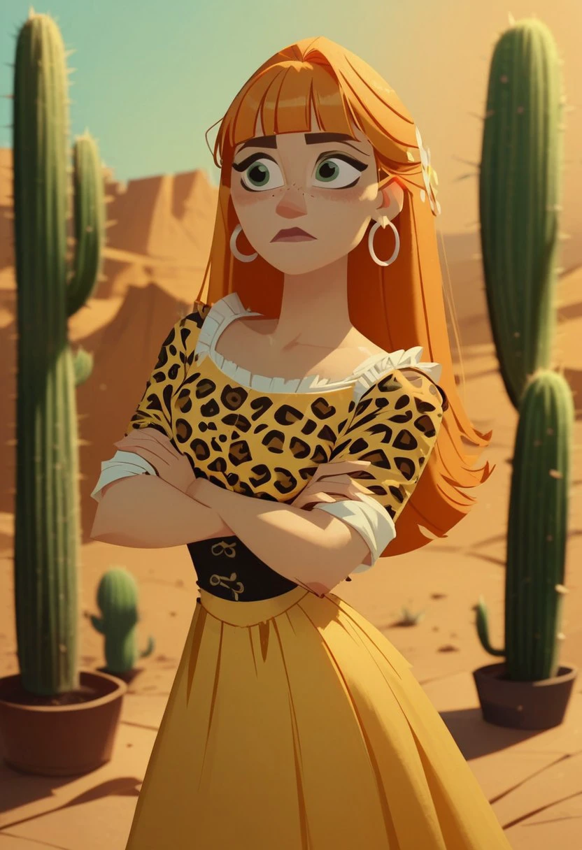 score_8_up, score_7_up, tangledadventure, 1girl, a woman in a leopard print top and a frilly yellow skirt, arms crossed, standing in a desert, Ginger hair with blunt bangs, hoop earrings, cactus