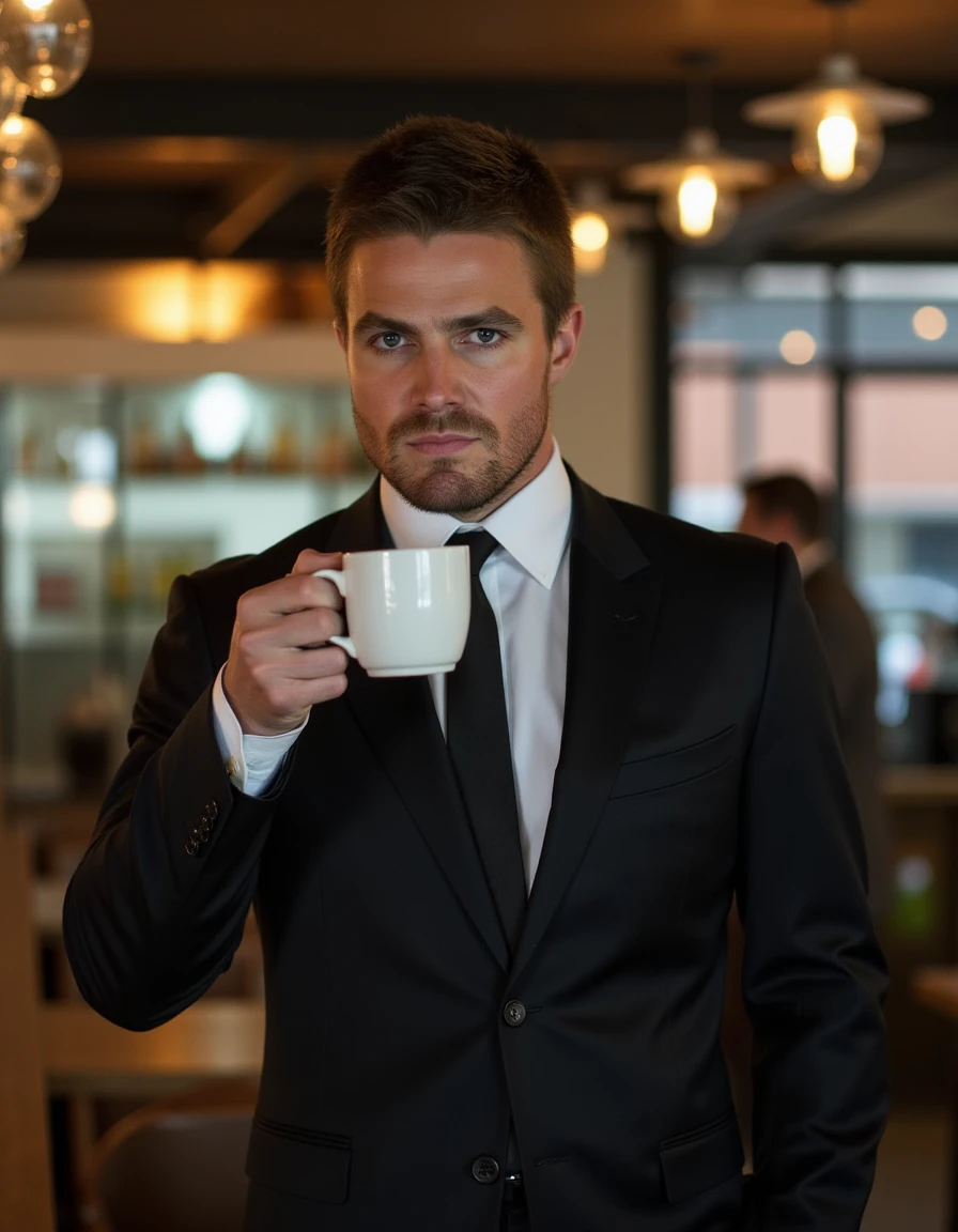 <lora:Arrow_Flux:1> this is an image of a man, short hair, designer suit, serious expression, Standing in a cafe having a coffee.