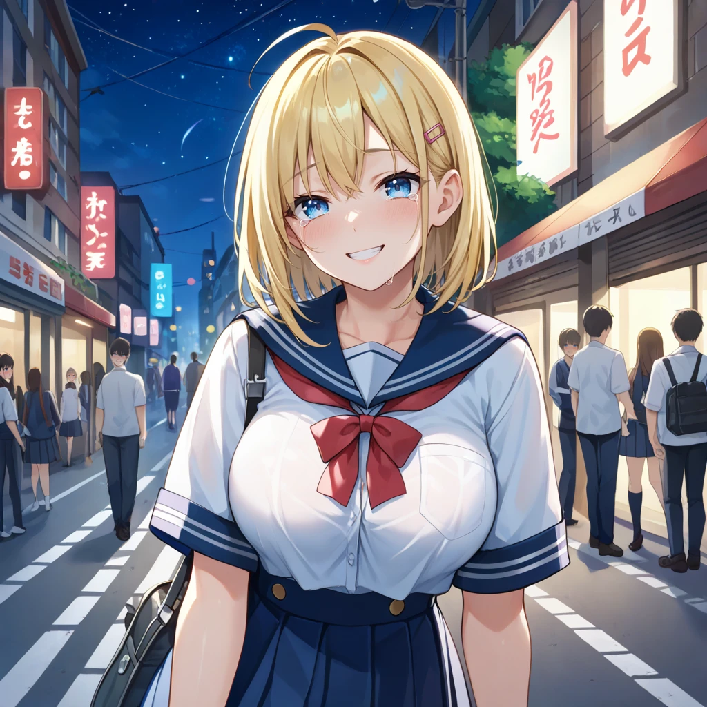 score_9, score_8_up, score_7_up, source_anime,detailed and intricate,highly detailed,ultra-detailed,extremely detailed,cinematiclighting,highres,absurdres,best quality, masterpiece, 8k,very aesthetic,BREAK,
1girl,large_breasts, smile,blush,blond hair,blue eyes,crying,
school uniform,
street,city,night,starry sky,