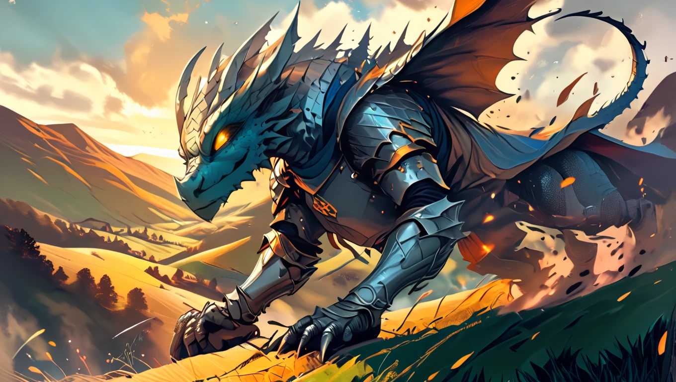 brave knight, dragon in the distance, rolling hills, warm tones, illustrated texture, epic composition, golden hour, fantasy setting  <lora:artfullySTORYBOOK:1>, artstrybk,