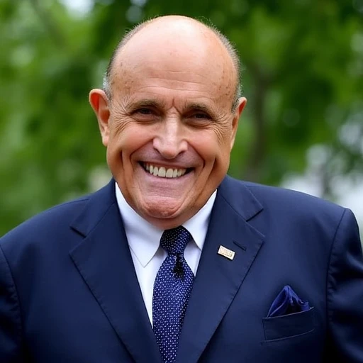 The image is a photograph of an elderly man with a bright, cheerful expression. He is outdoors, standing against a blurred background of green foliage, indicating he is in a park or garden. The man has a bald head and a thin, light-colored beard. He is dressed in a dark blue suit jacket with a white shirt and a navy blue tie with a subtle pattern of small white dots. A small, round pin or emblem is visible on the left side of his jacket, near the lapel. A neatly folded, dark blue pocket square is tucked into the breast pocket of his jacket. The man's eyes are wide open, and he is smiling broadly, showing his teeth. His right hand is raised, palm up, as if he is waving or greeting someone. The lighting is natural, suggesting the photo was taken during the day. The background is slightly out of focus, with green leaves and a hint of blue sky visible, adding to the outdoor setting., giuliani, crazy faces, crazy expressions, weird faces, weird expressions,