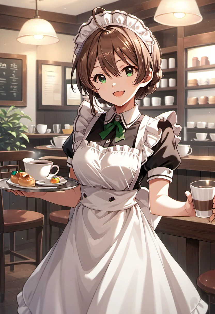 score_9, score_8_up, score_7_up, source_anime, sakuramori kaori, green eyes, brown hair, ahoge, 1girl, solo, maid, maid headdress, apron, smile, cup, cafe, tray, open mouth, looking at viewer