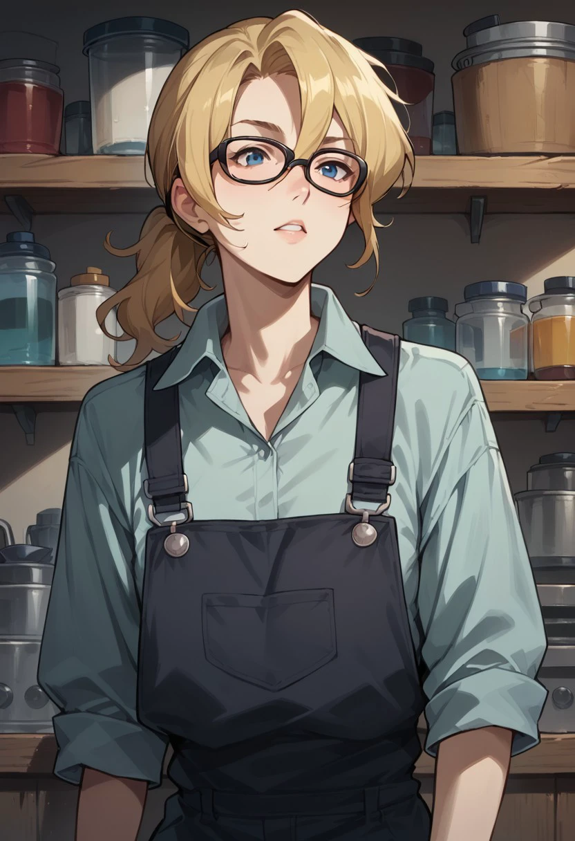 Score_9_up, score_8_up, score_7_up, score_6_up, source_anime, BREAK 1girl, solo, leyte, blonde, parted bangs, hair between eyes, ponytail, thick frame glasses, collared shirt, overalls,